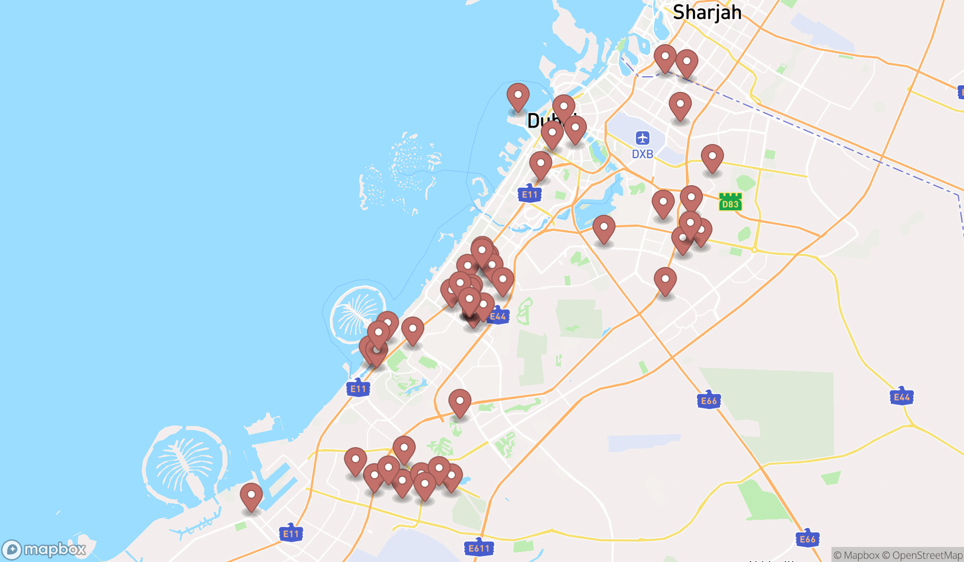 Map showing the search results in Dubai