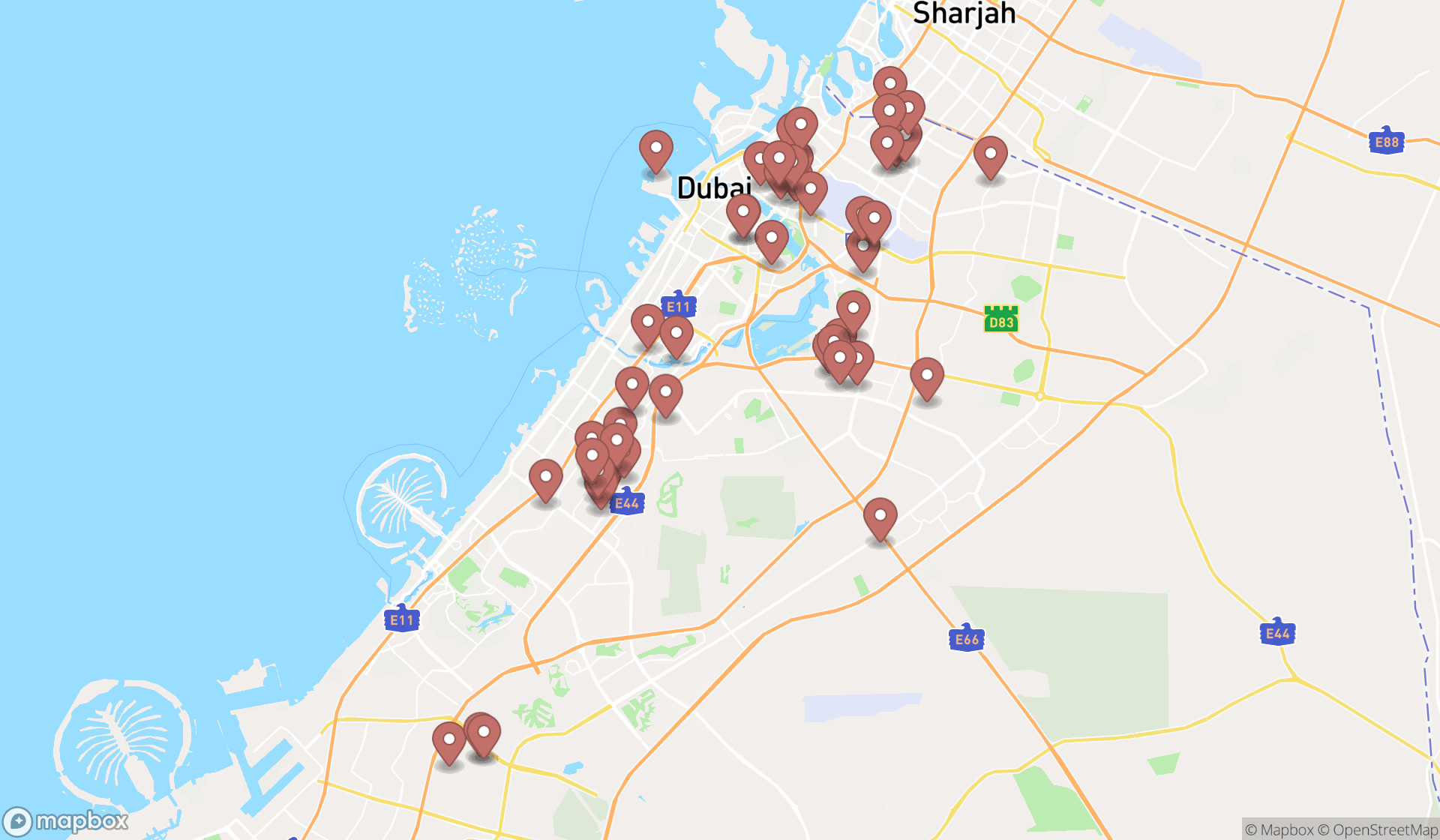 Map showing the search results in Dubai