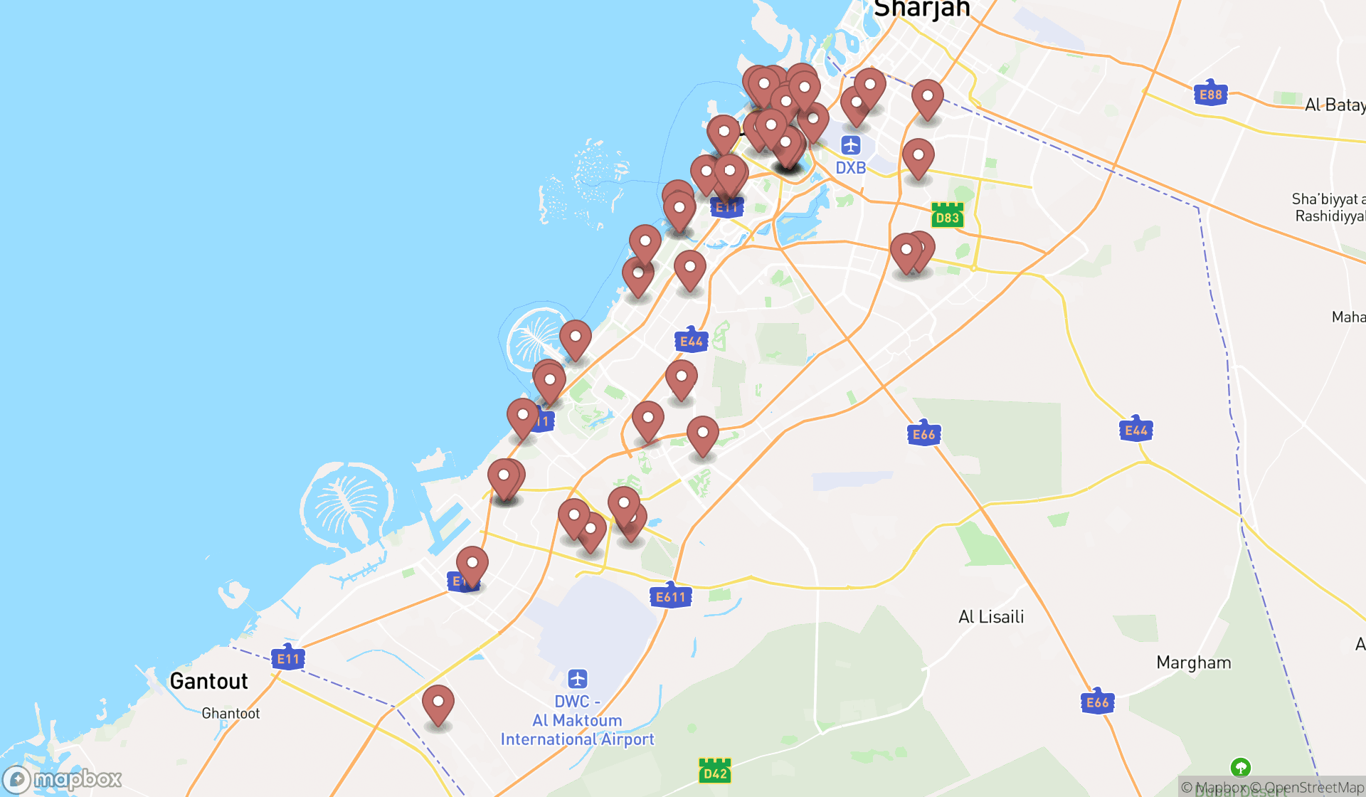 Map showing the search results in Dubai