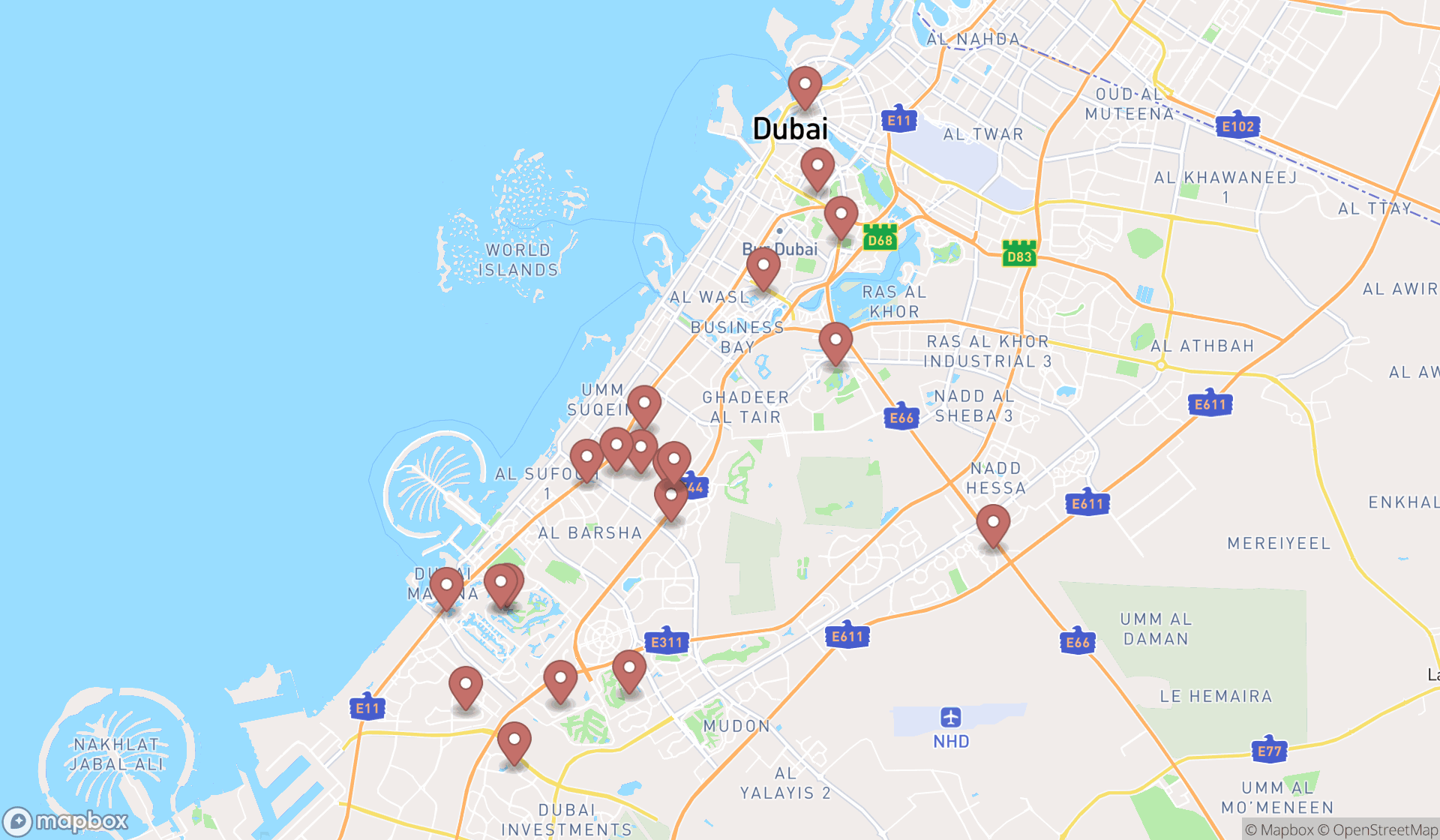 Map showing the search results in Dubai