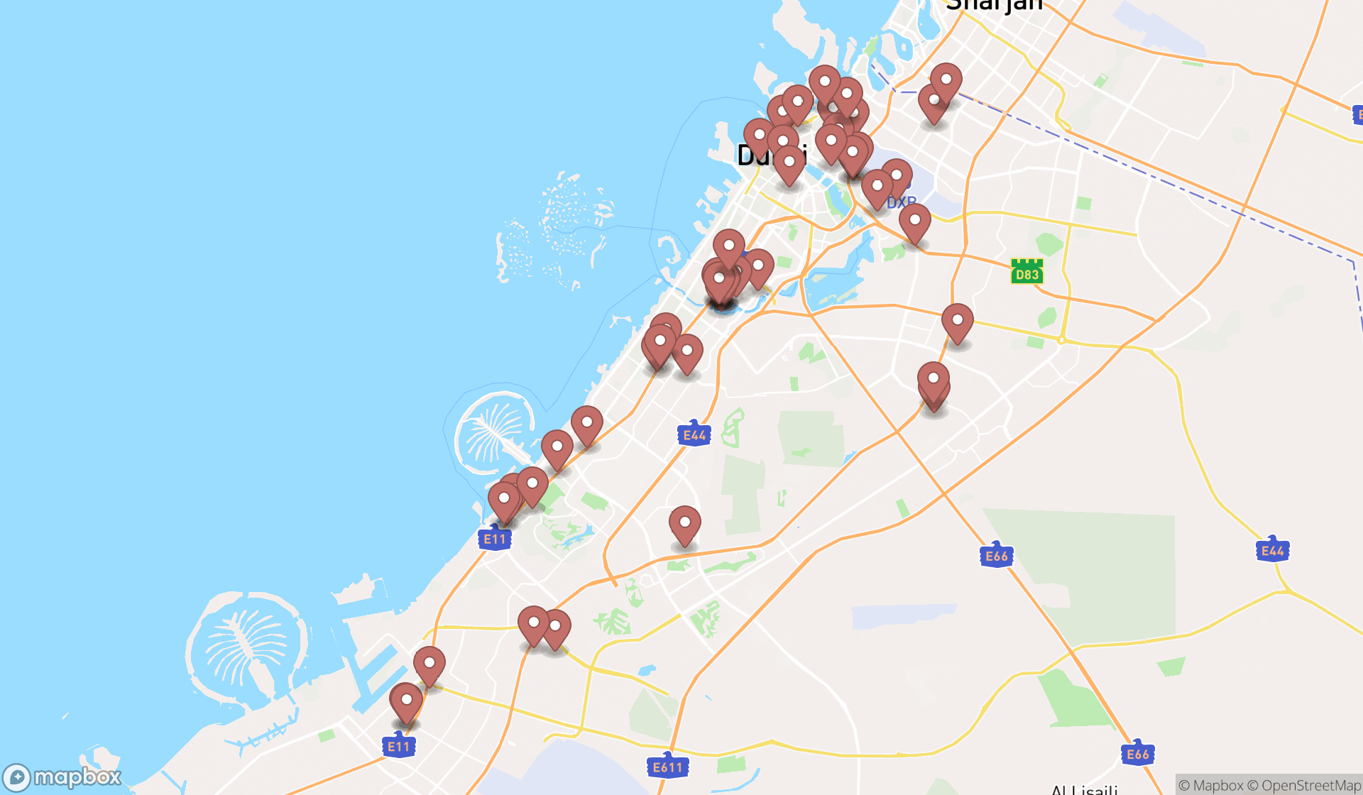 Map showing the search results in Dubai