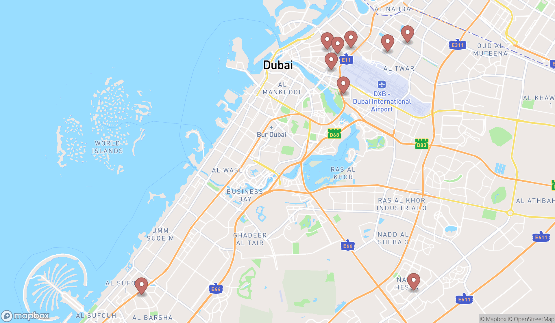 Map showing the search results in Dubai