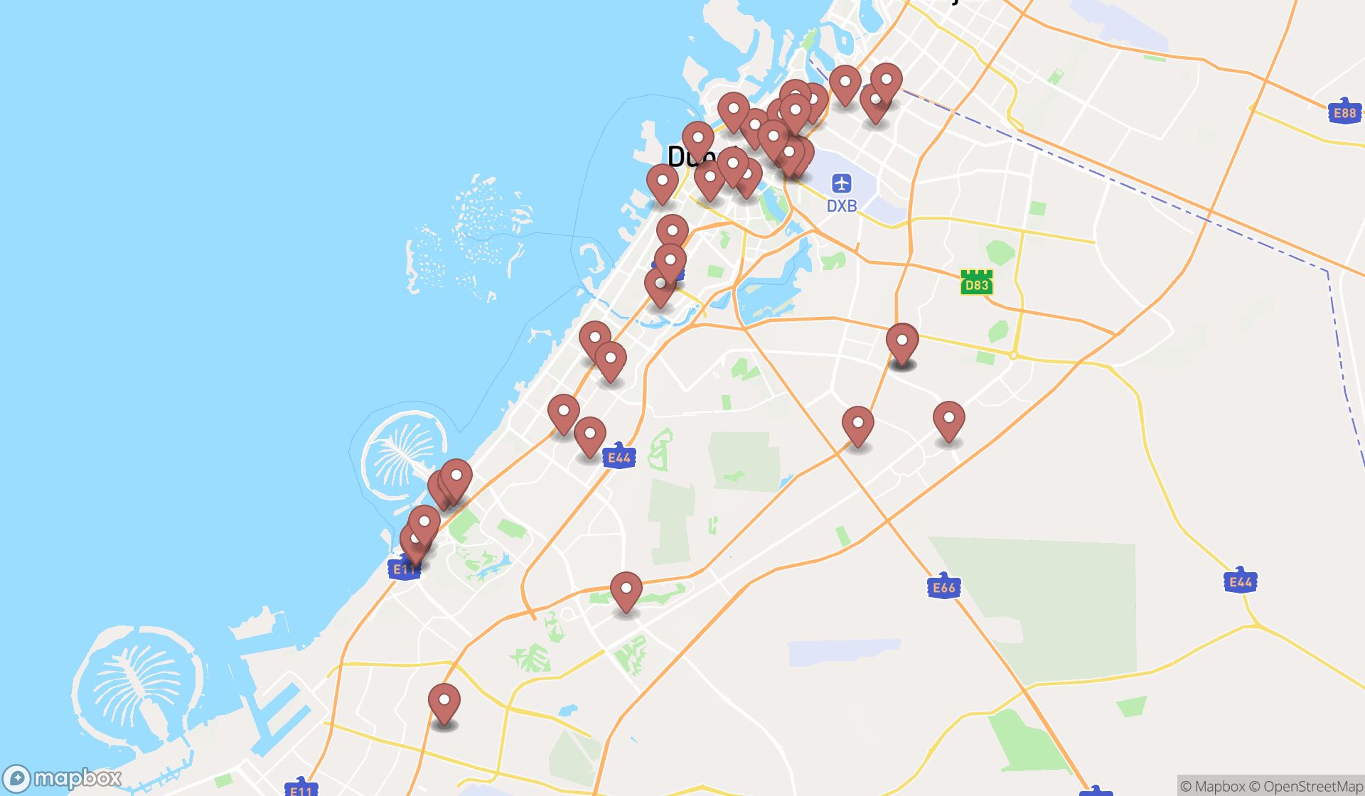 Map showing the search results in Dubai
