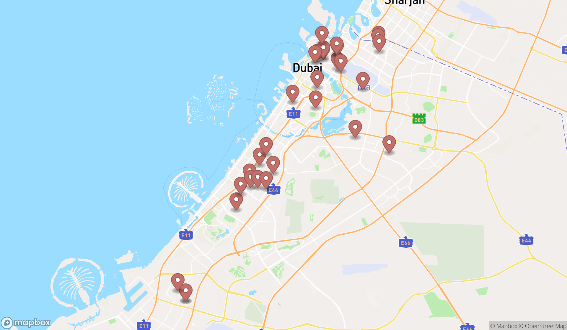 Map showing the search results in Dubai