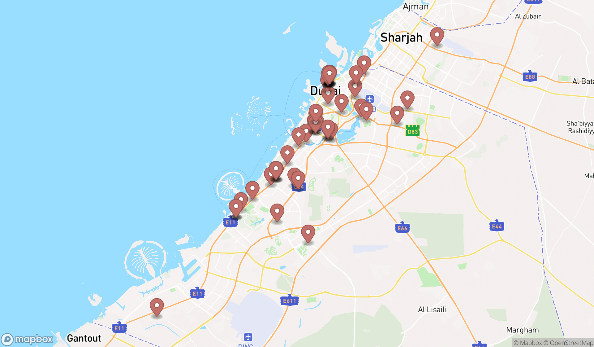 Map showing the search results in Dubai