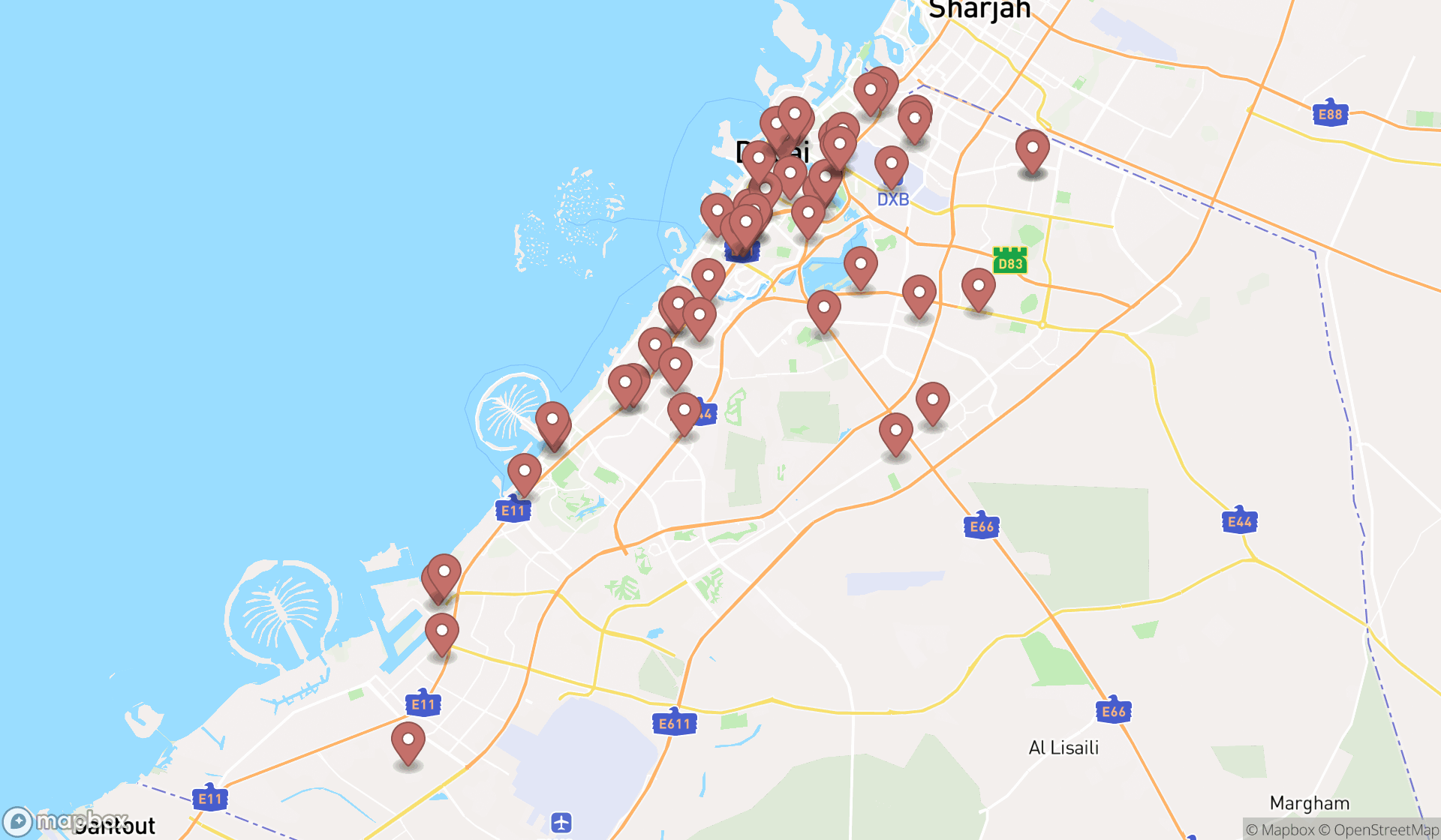 Map showing the search results in Dubai
