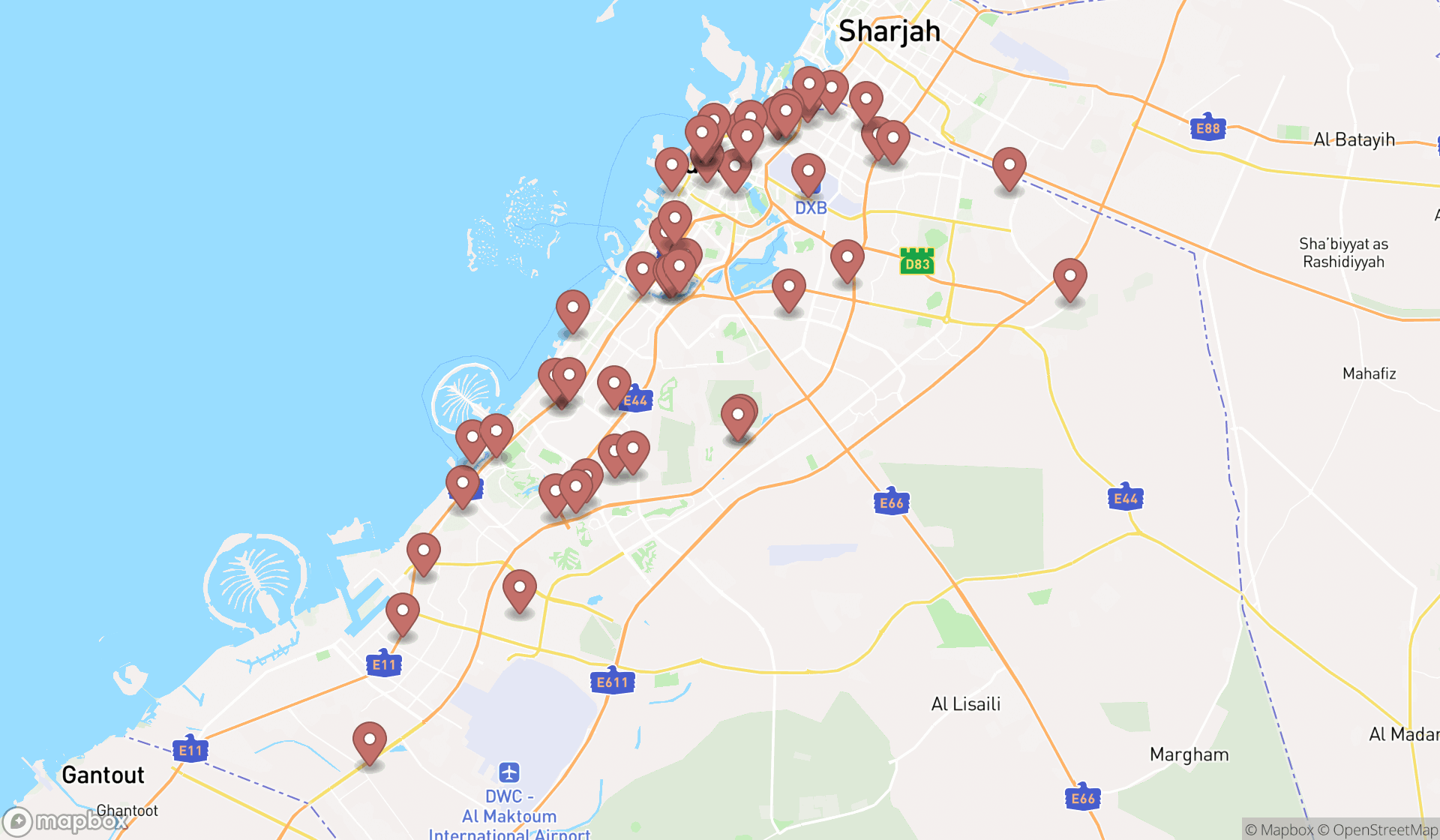 Map showing the search results in Dubai