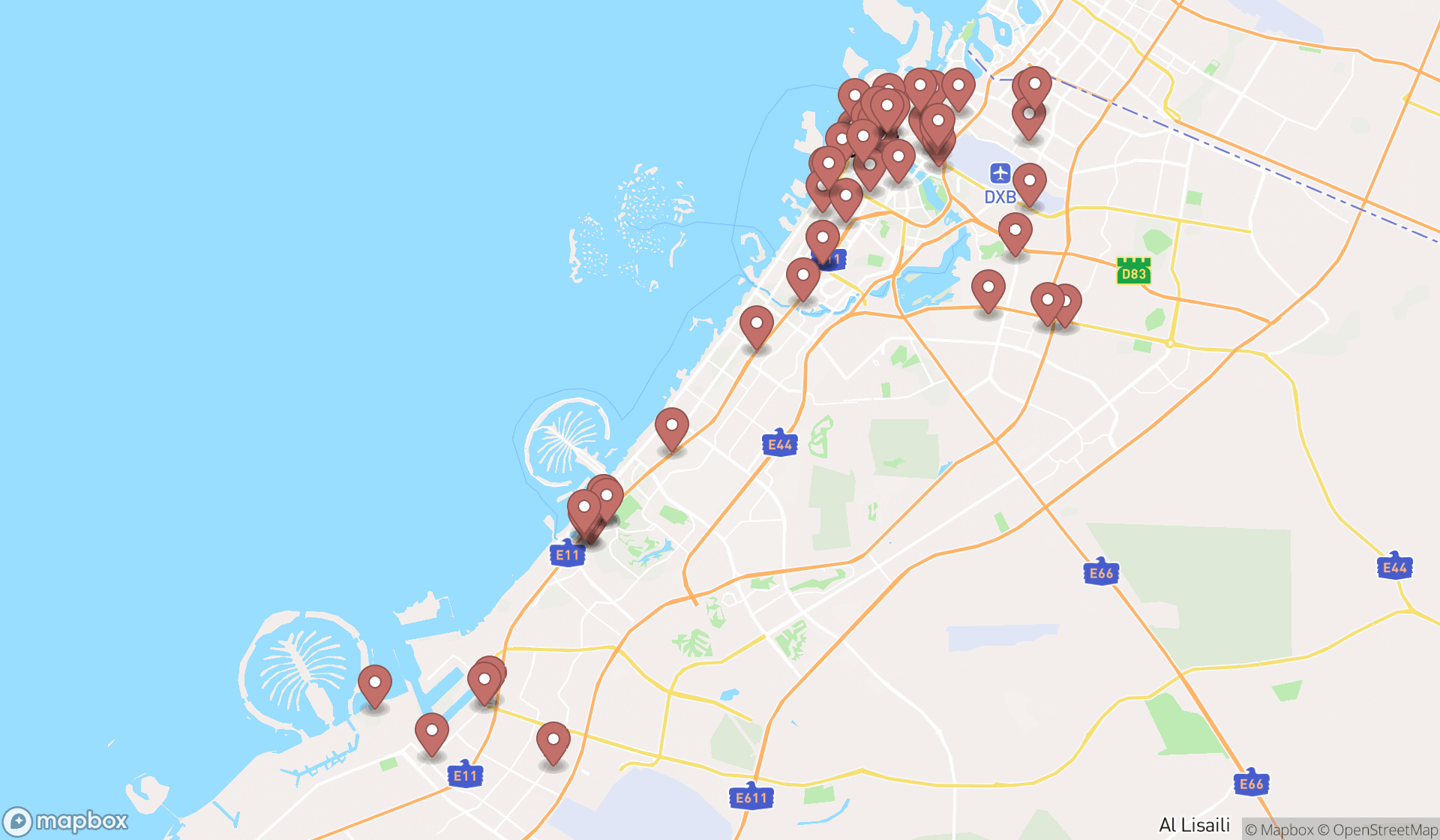 Map showing the search results in Dubai