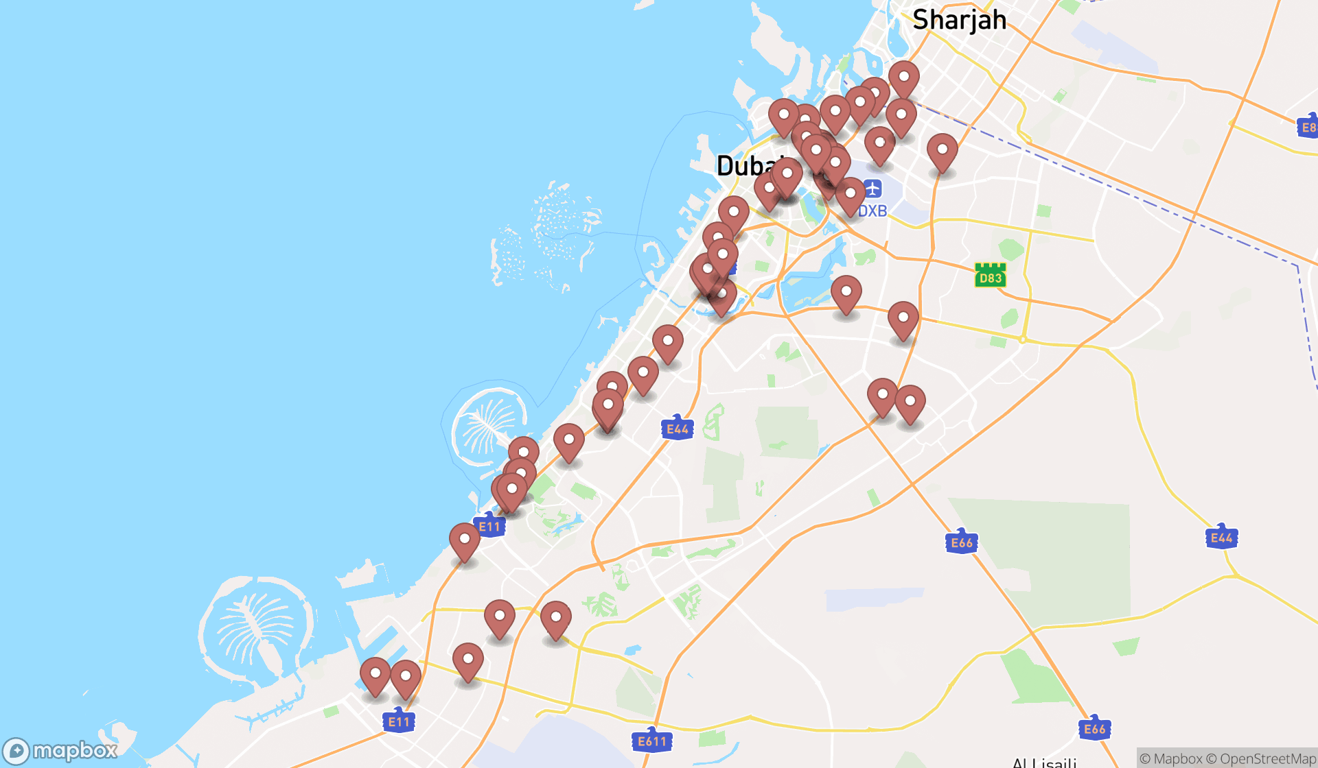 Map showing the search results in Dubai