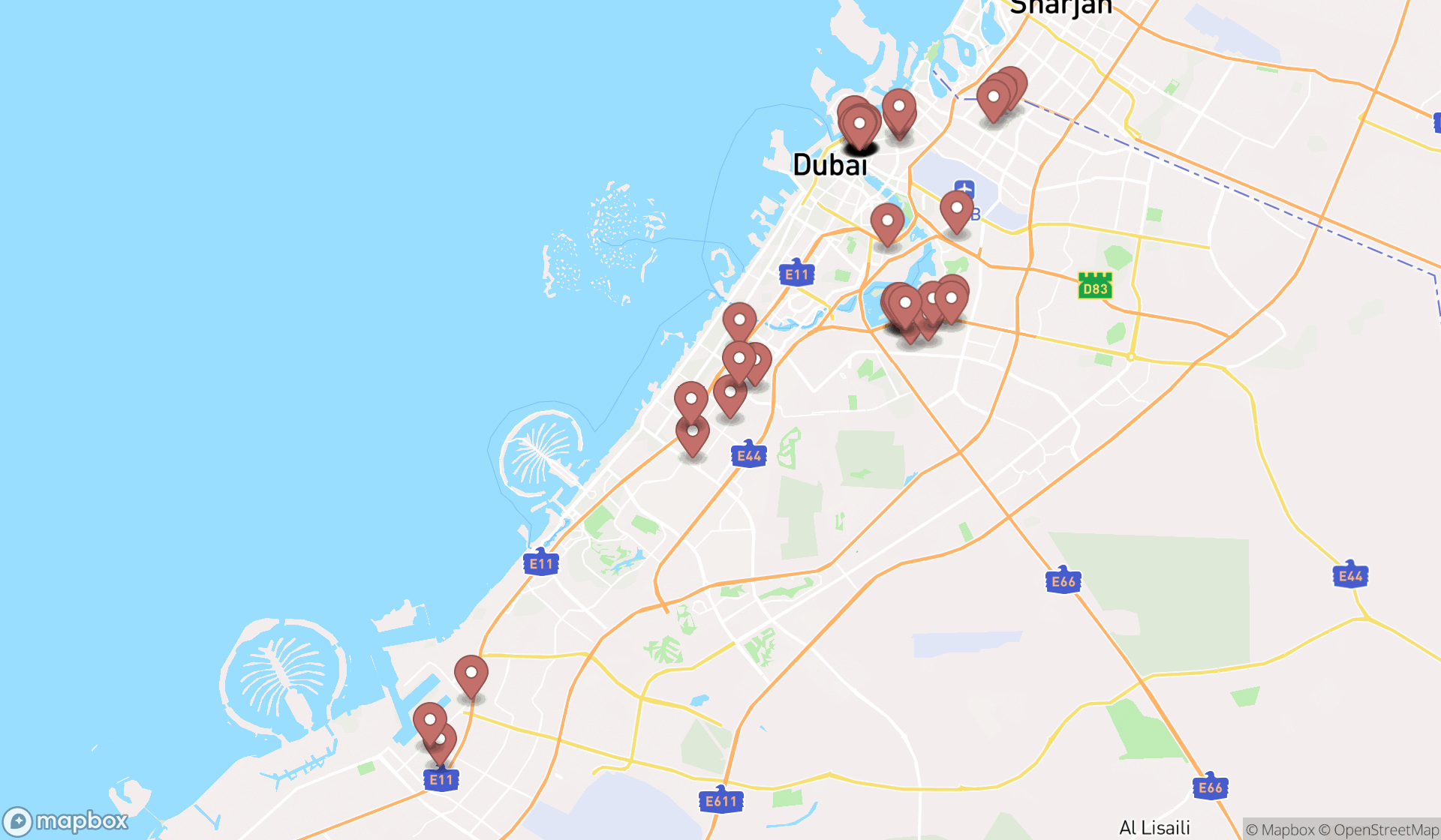 Map showing the search results in Dubai