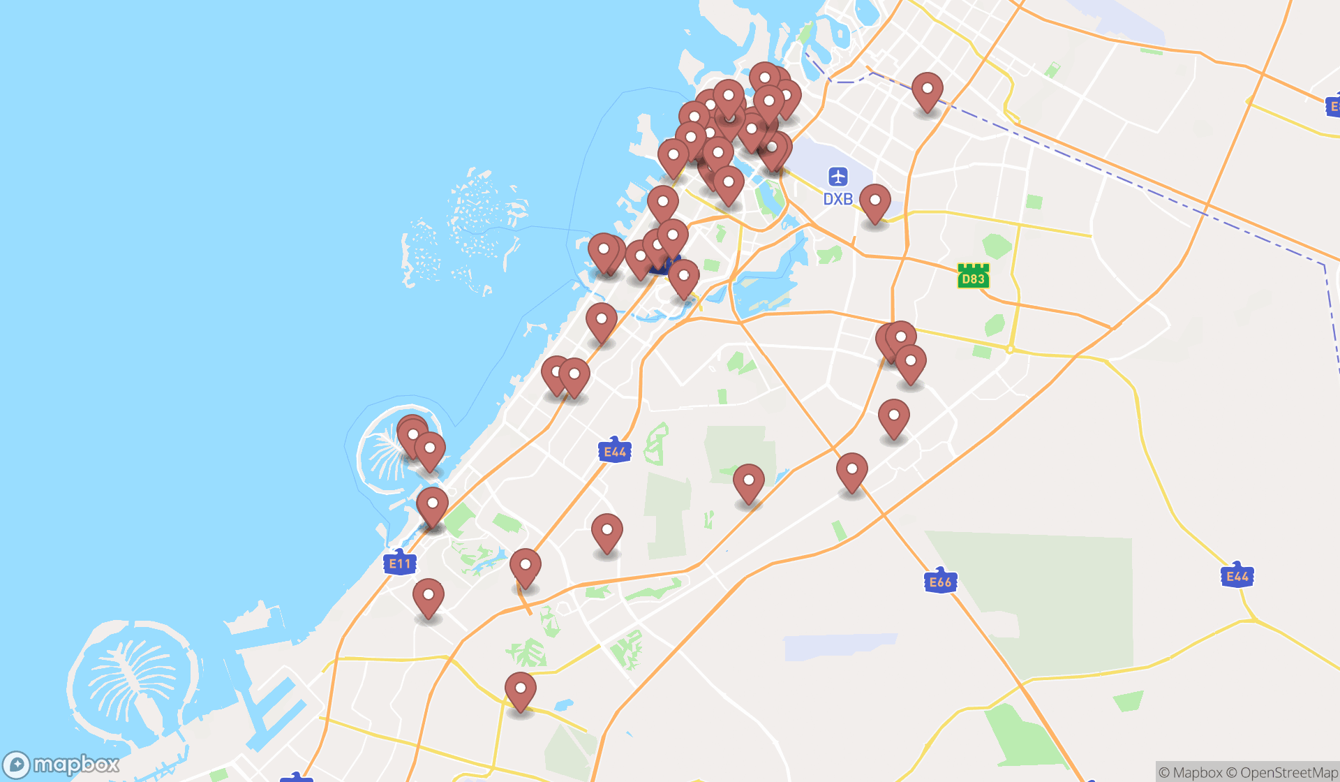 Map showing the search results in Dubai