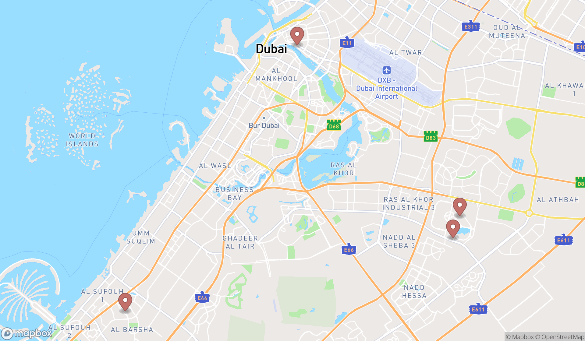 Map showing the search results in Dubai