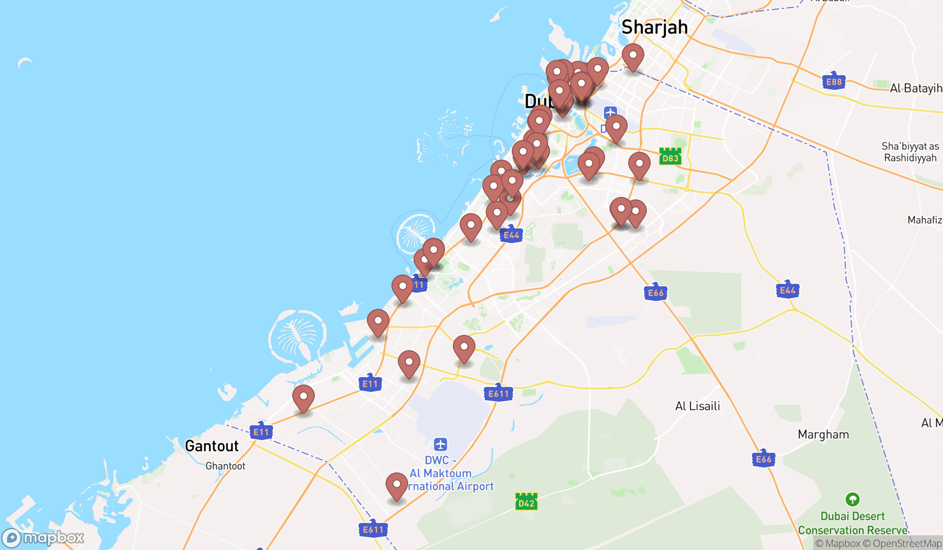 Map showing the search results in Dubai
