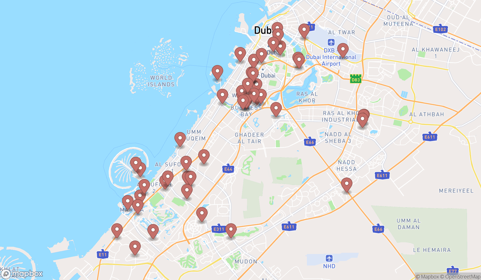 Map showing the search results in Dubai
