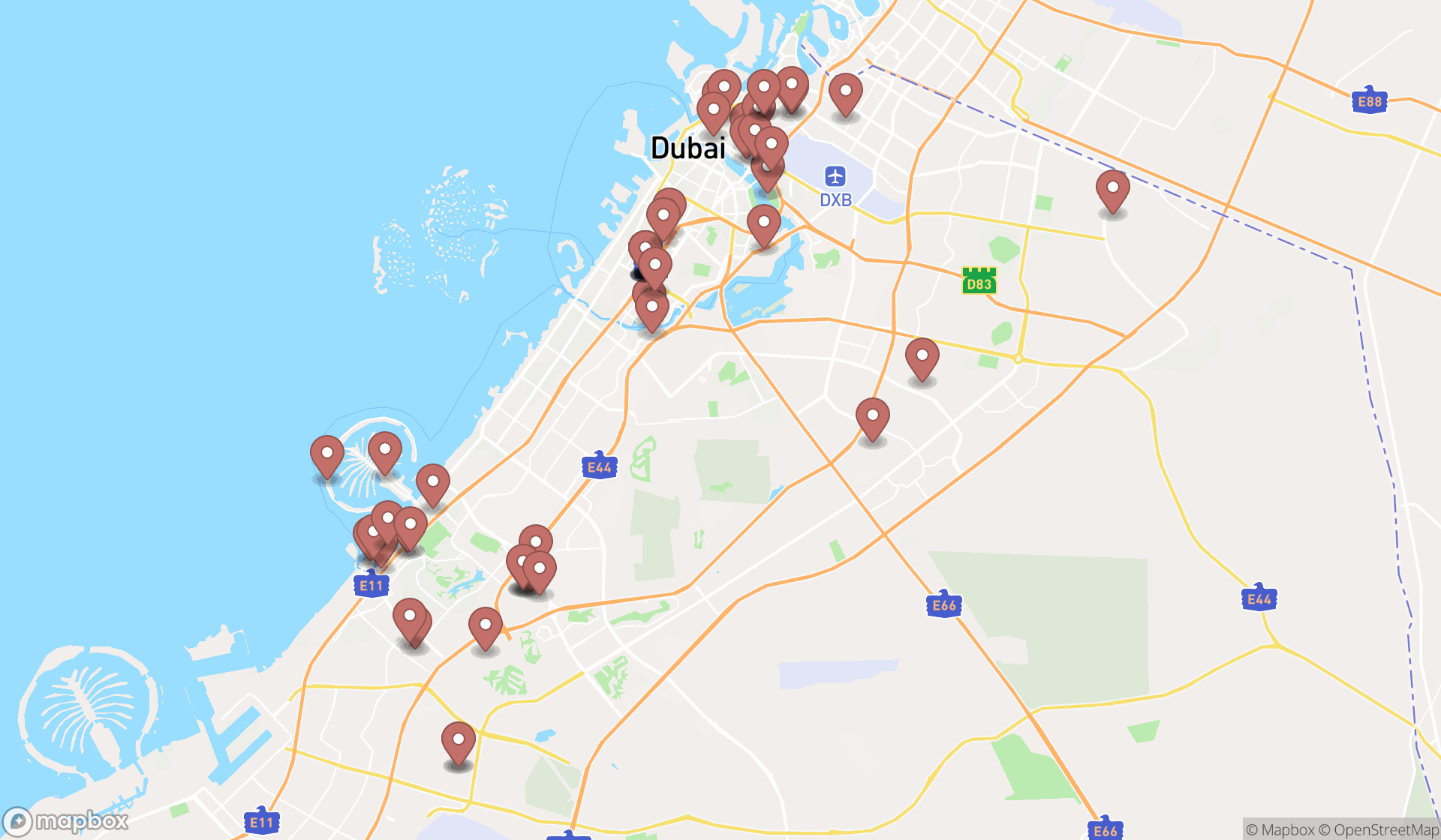 Map showing the search results in Dubai