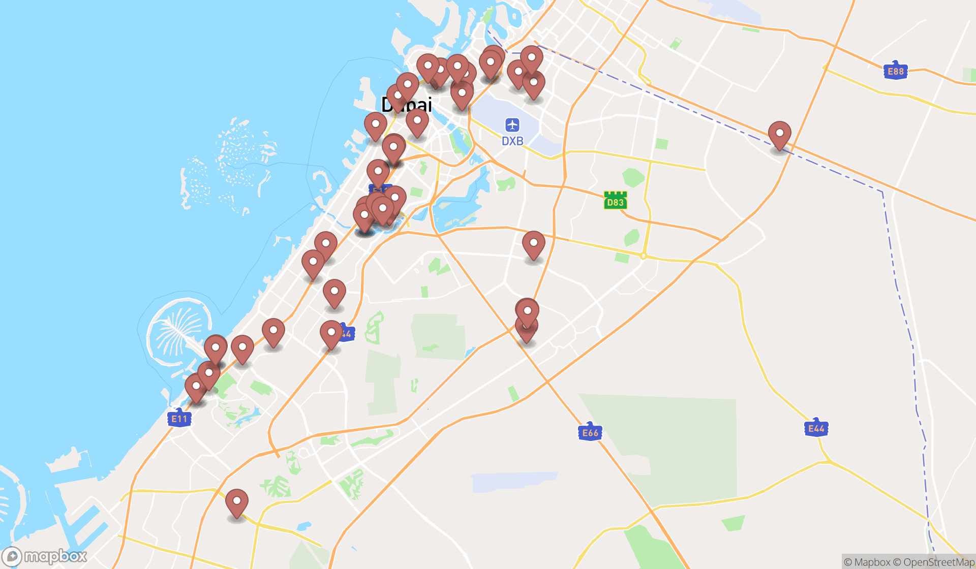 Map showing the search results in Dubai