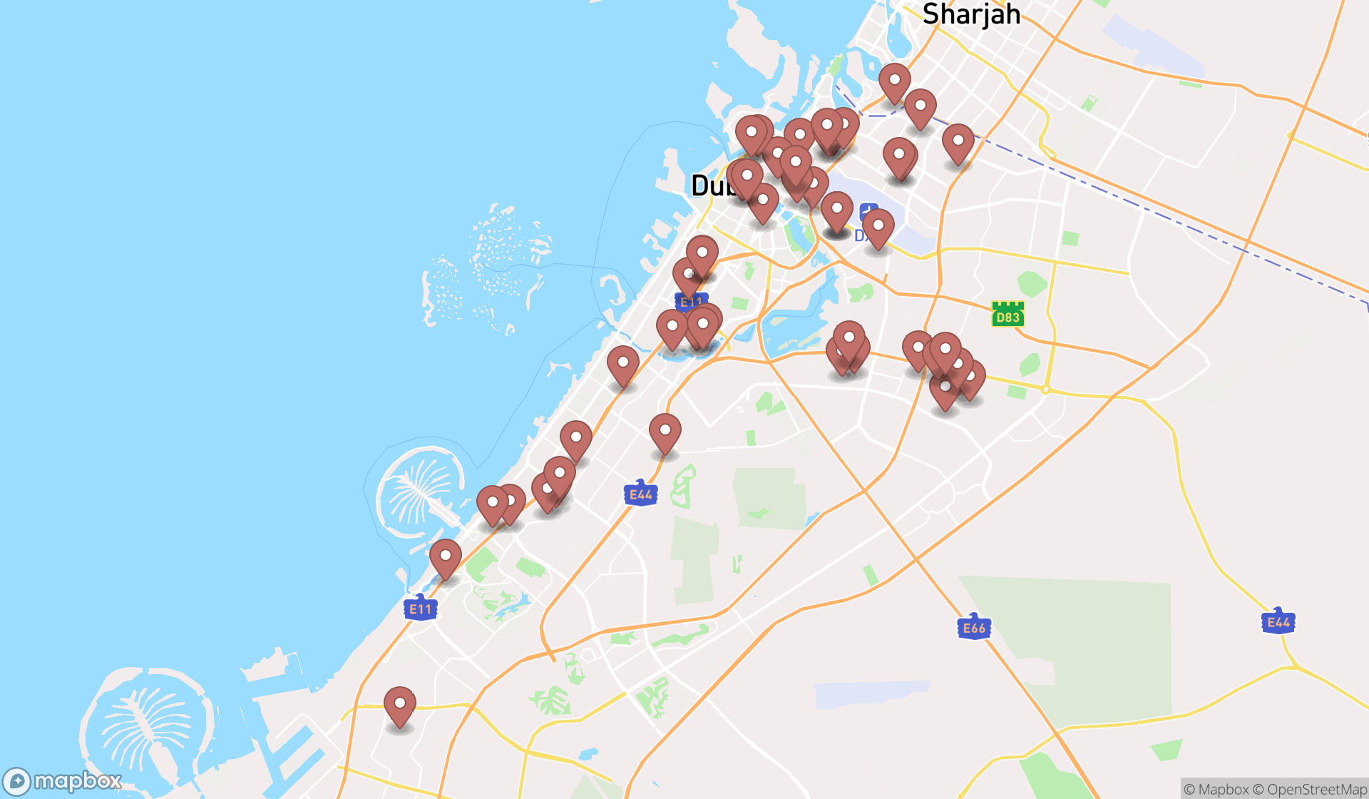 Map showing the search results in Dubai