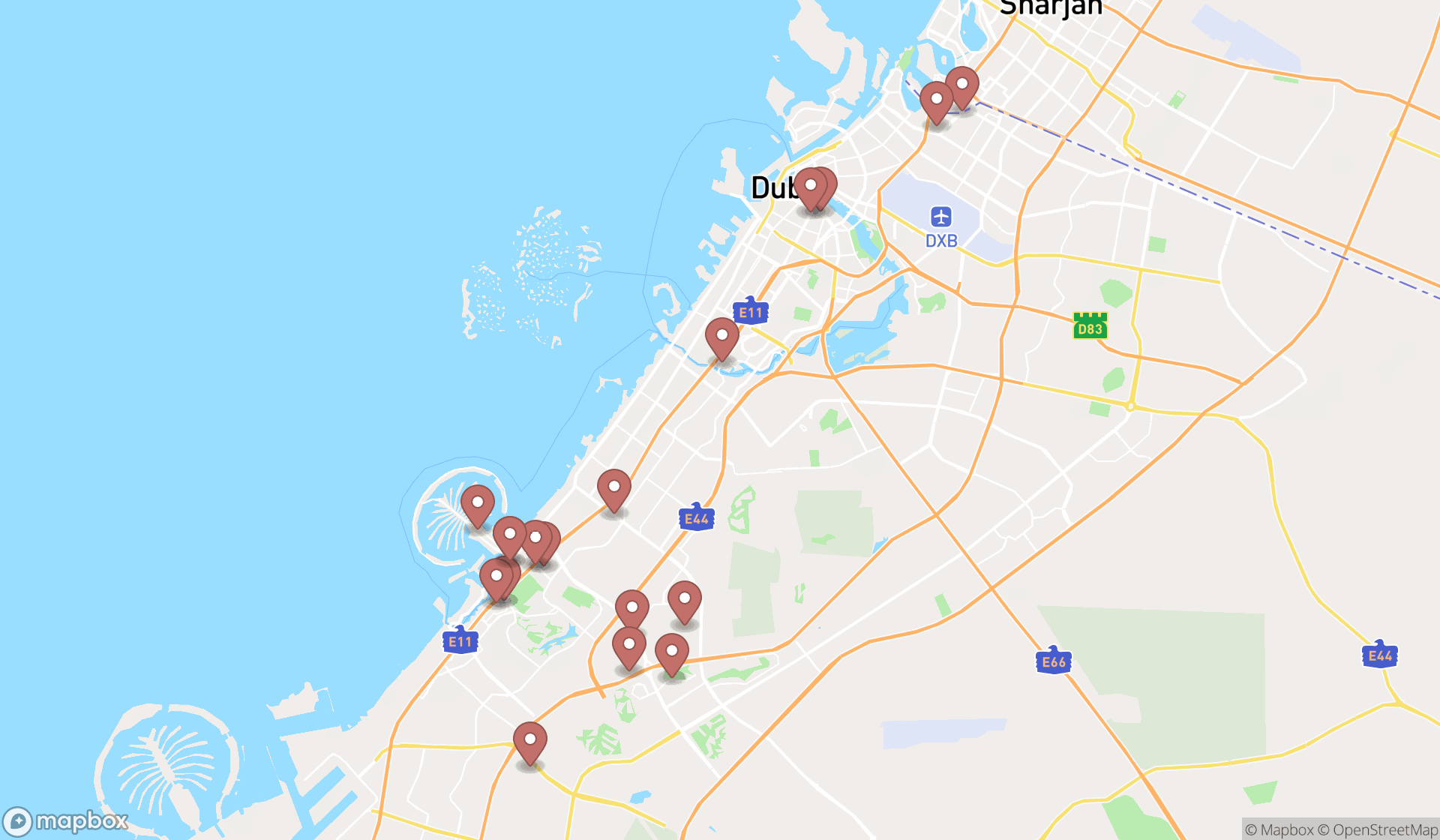 Map showing the search results in Dubai
