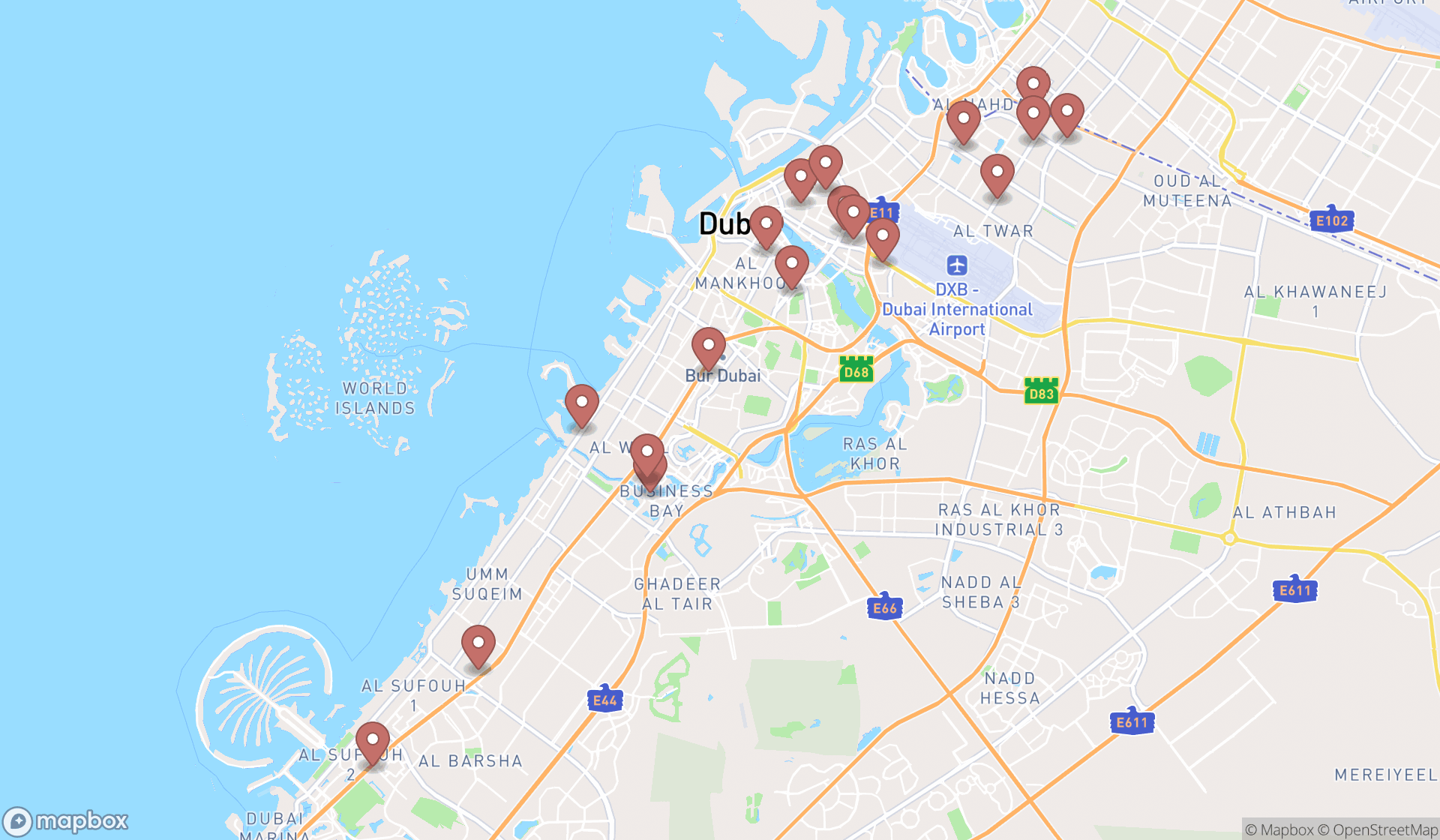 Map showing the search results in Dubai
