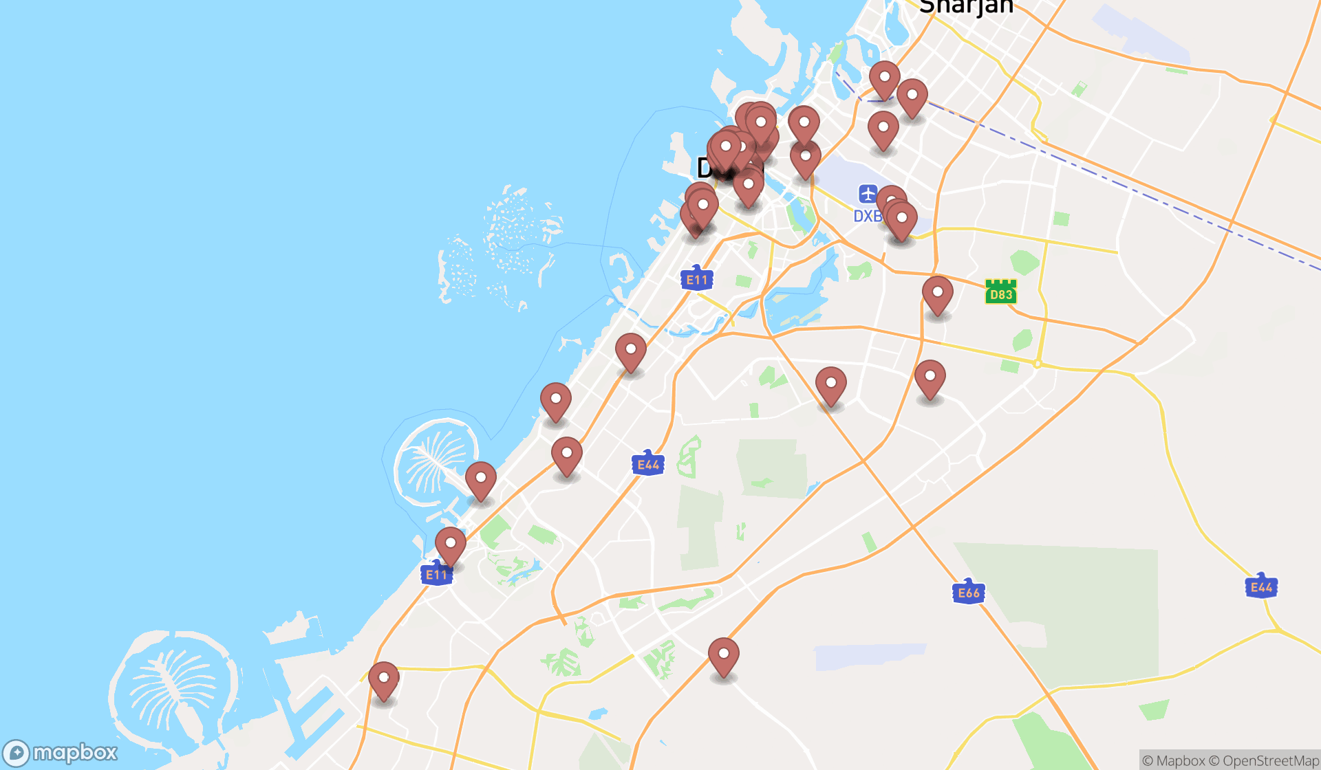 Map showing the search results in Dubai