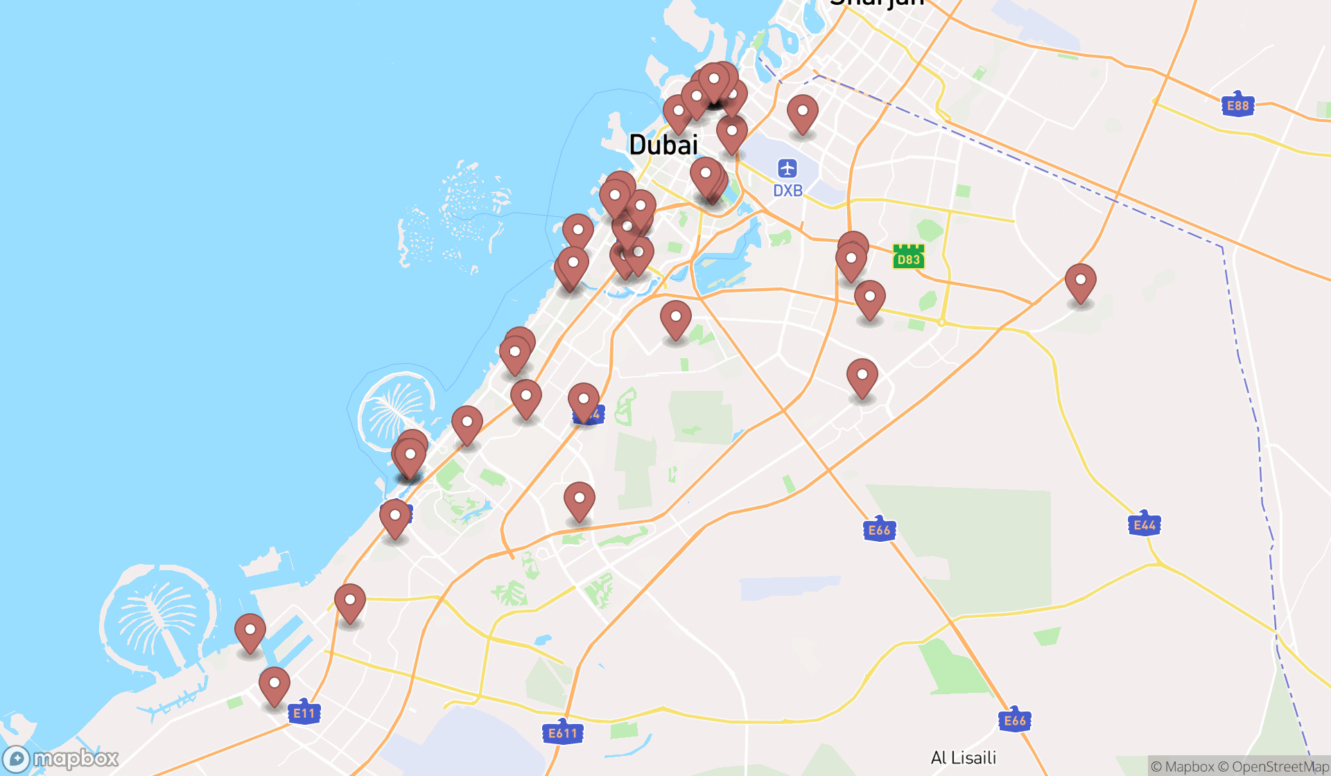 Map showing the search results in Dubai