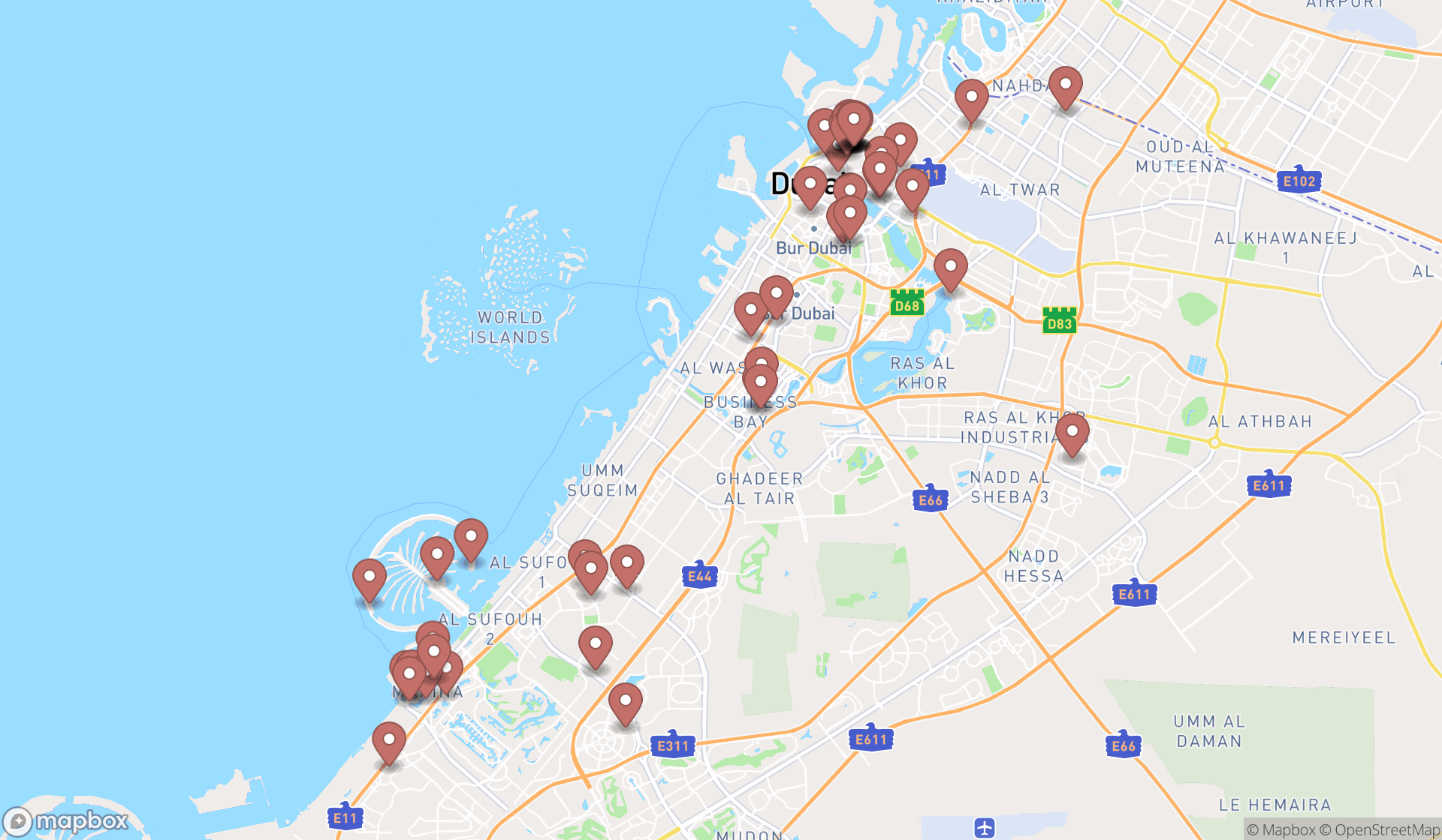 Map showing the search results in Dubai