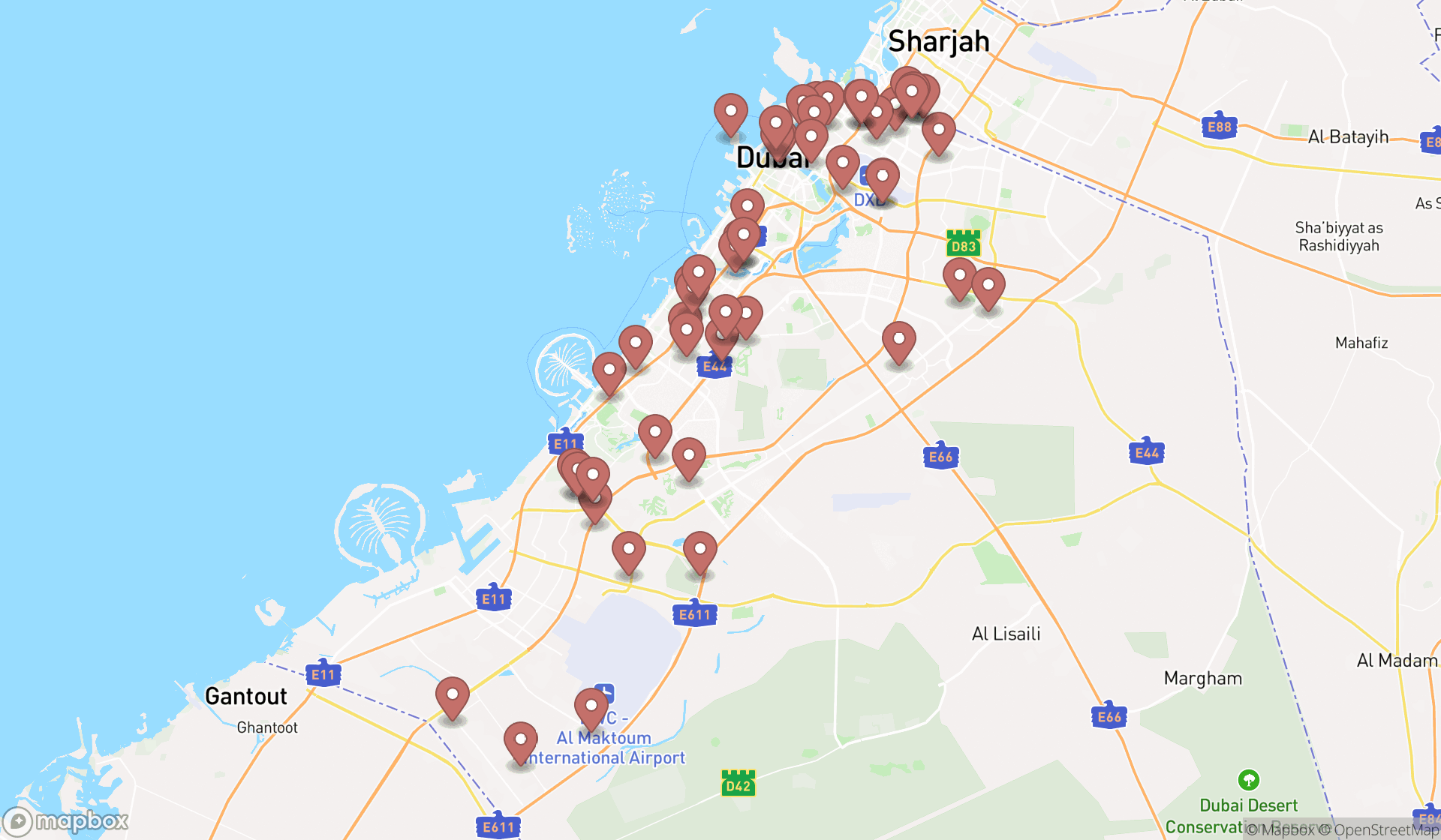 Map showing the search results in Dubai
