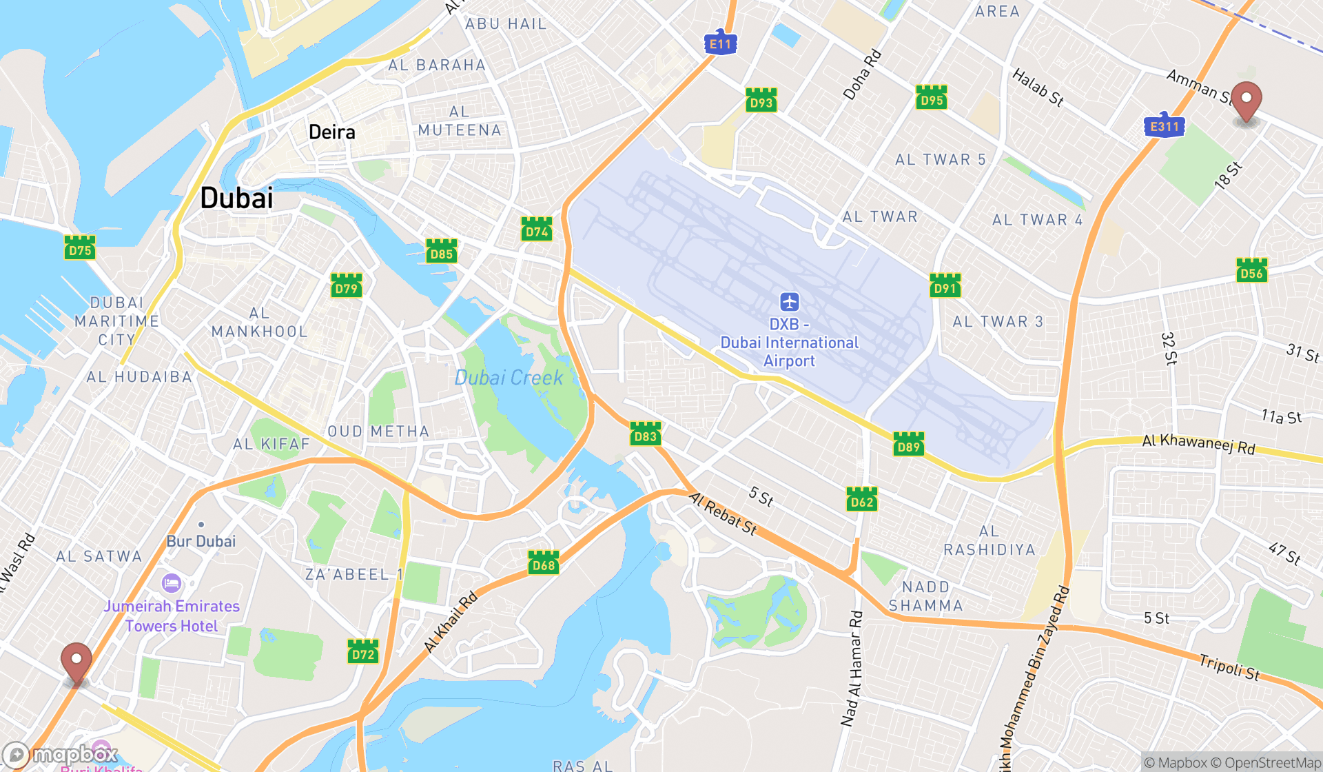 Map showing the search results in Dubai