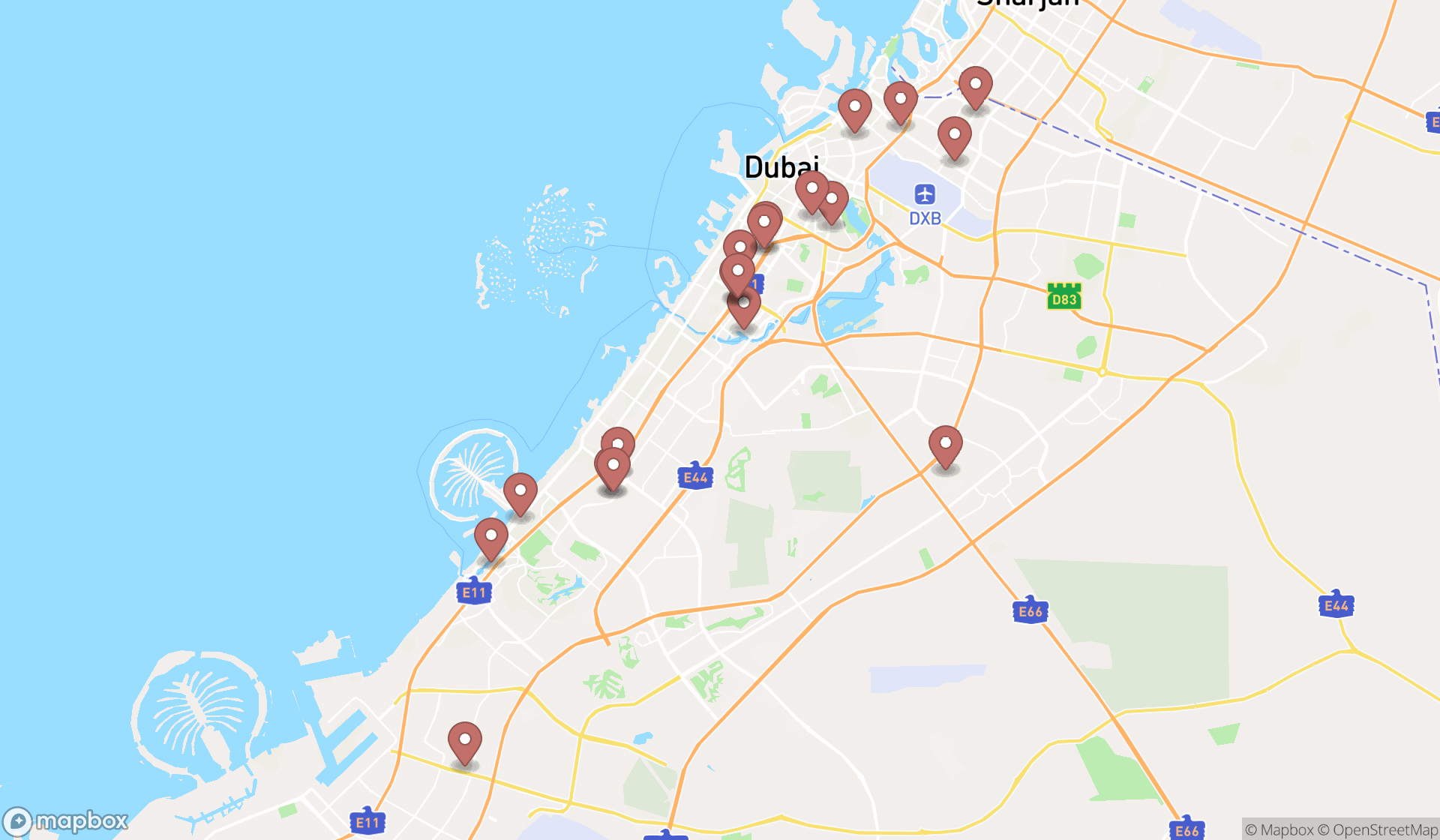 Map showing the search results in Dubai