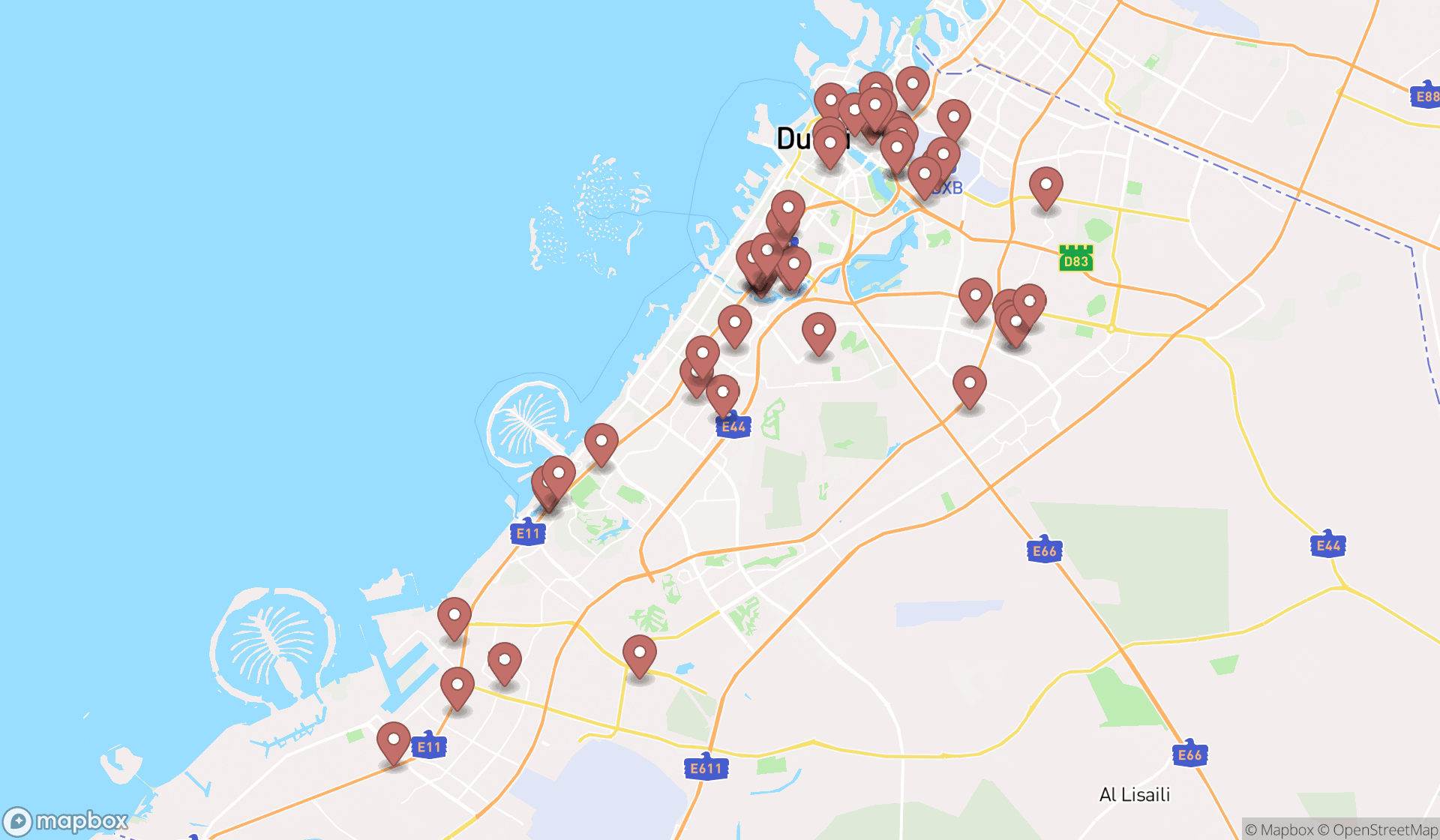 Map showing the search results in Dubai