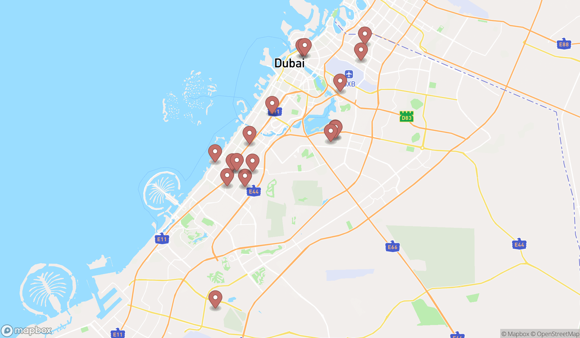 Map showing the search results in Dubai