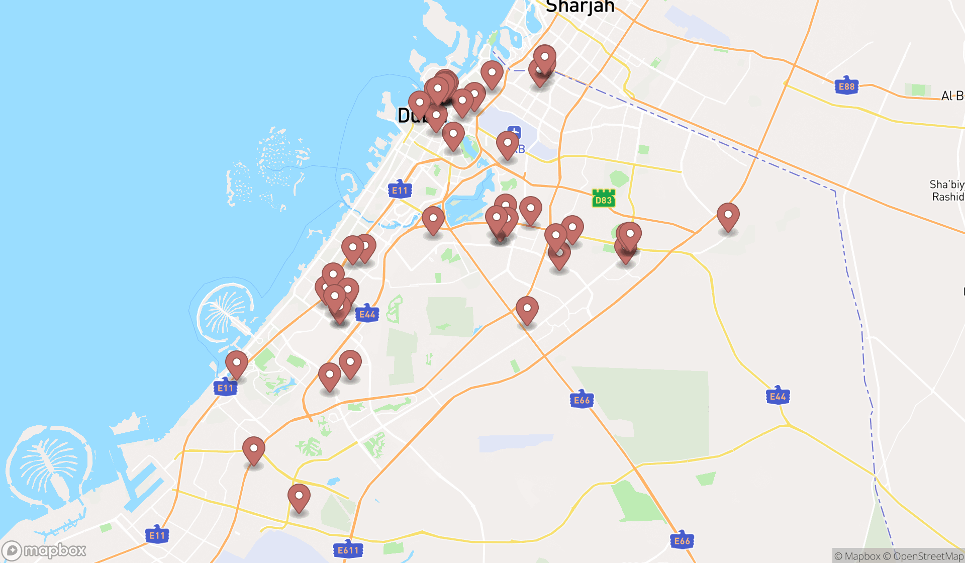 Map showing the search results in Dubai