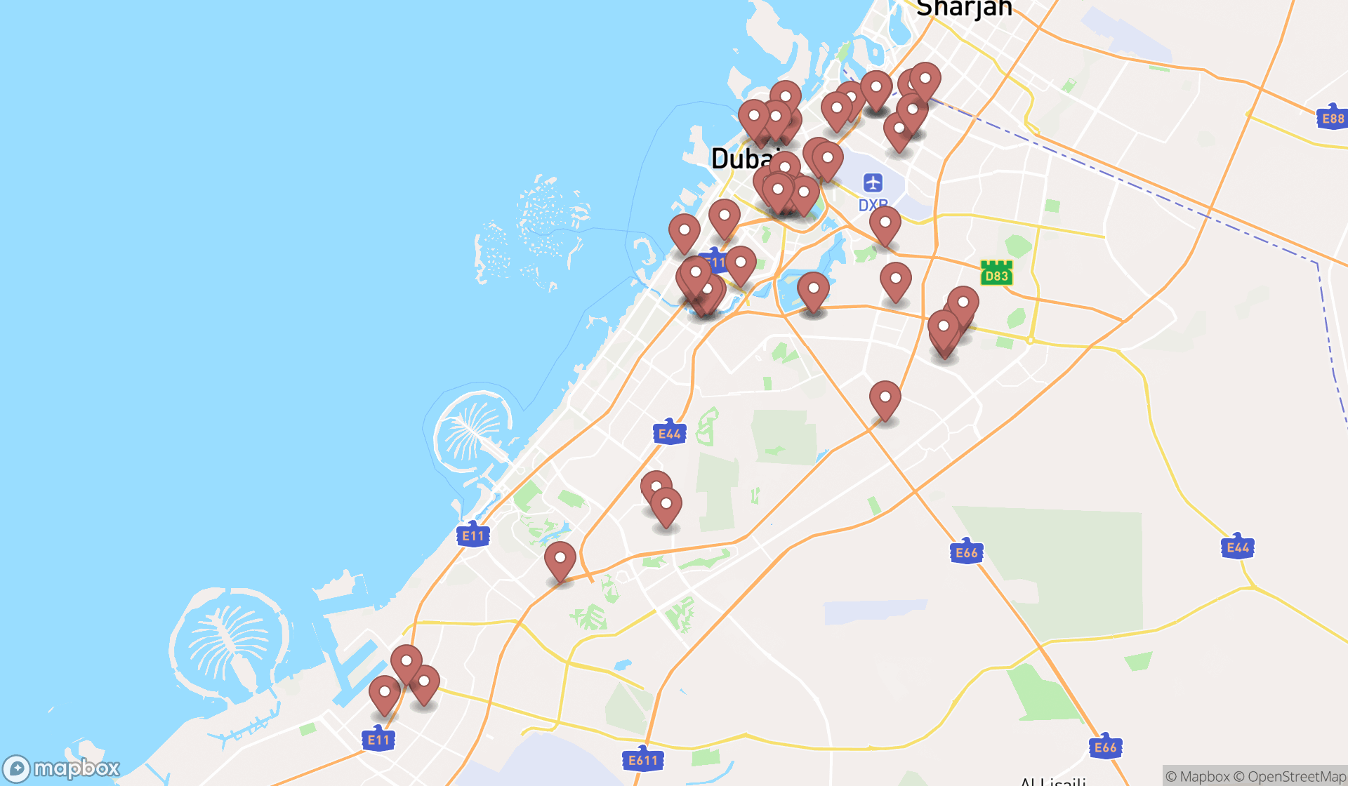 Map showing the search results in Dubai