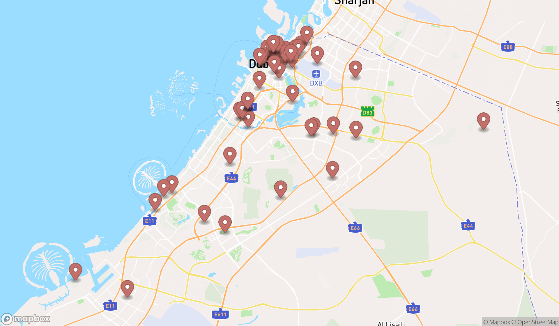 Map showing the search results in Dubai
