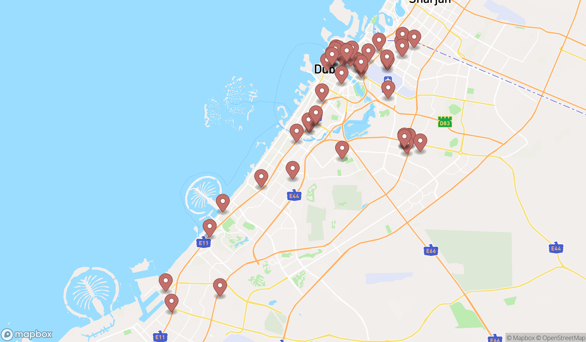 Map showing the search results in Dubai