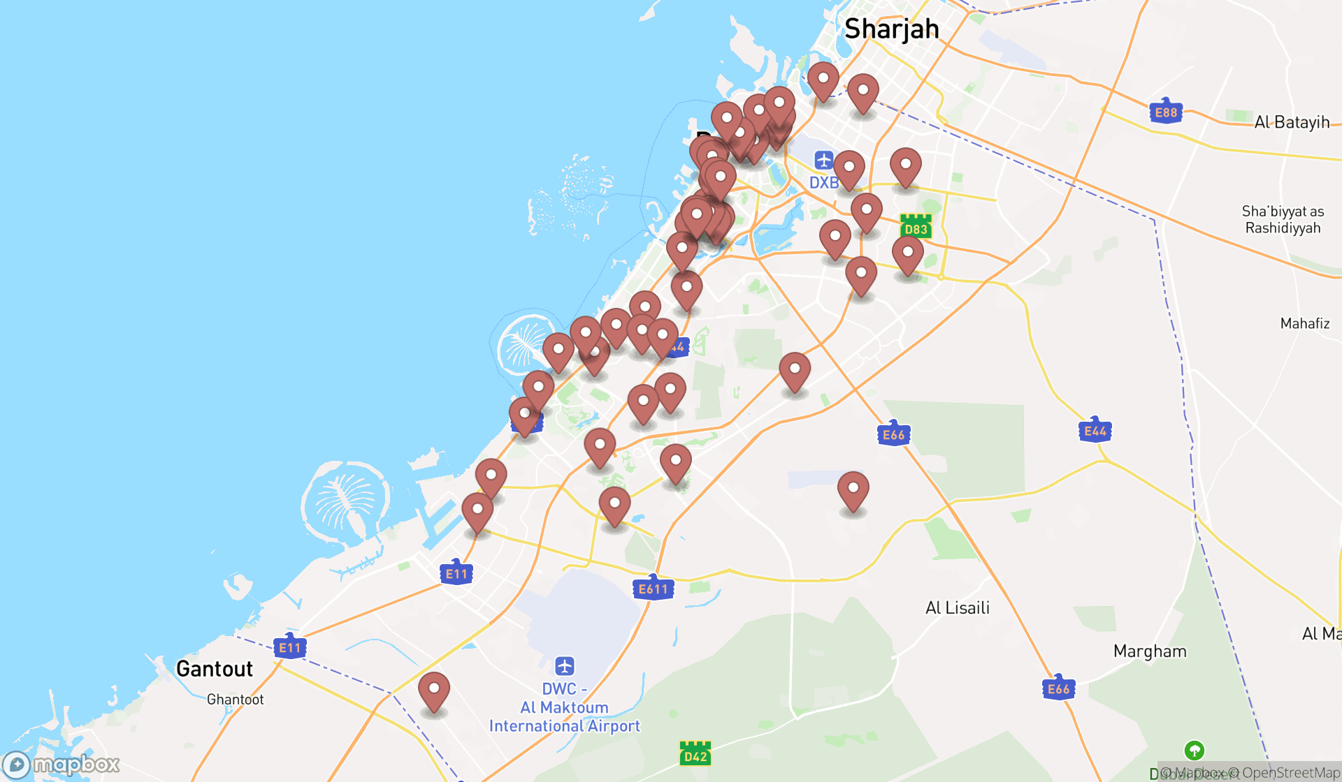 Map showing the search results in Dubai