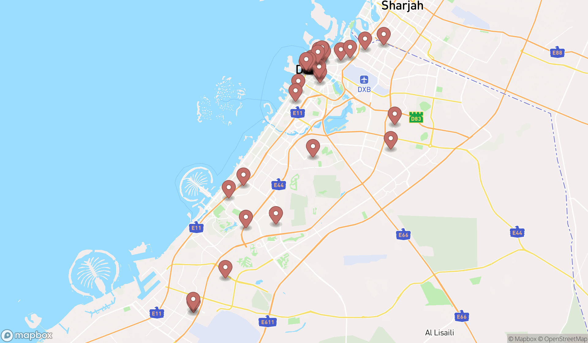 Map showing the search results in Dubai