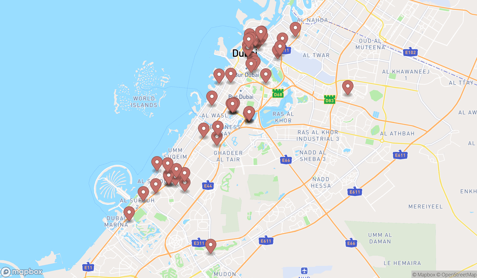 Map showing the search results in Dubai