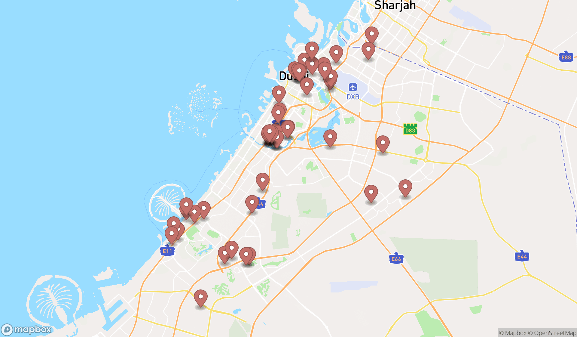 Map showing the search results in Dubai