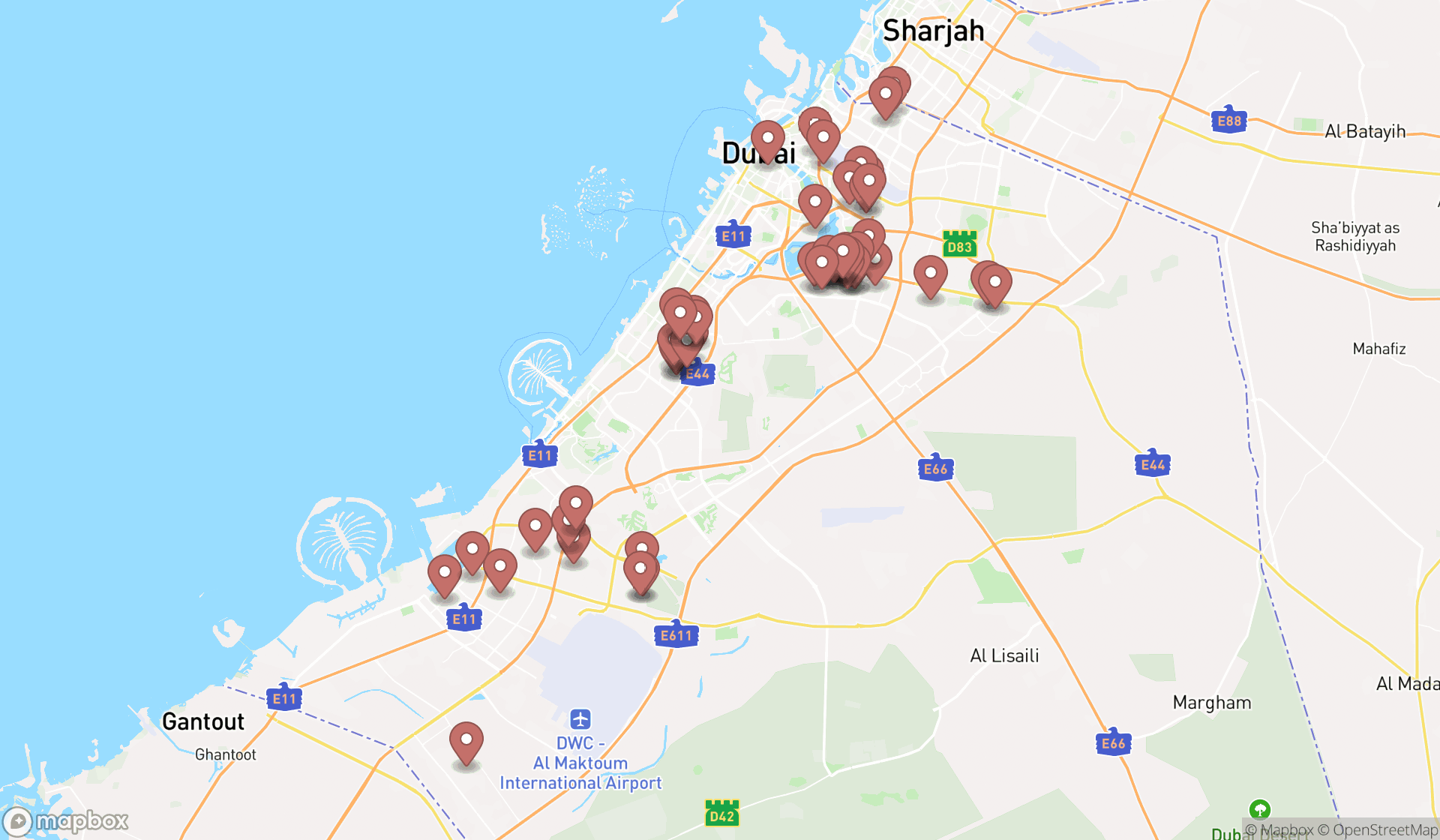 Map showing the search results in Dubai