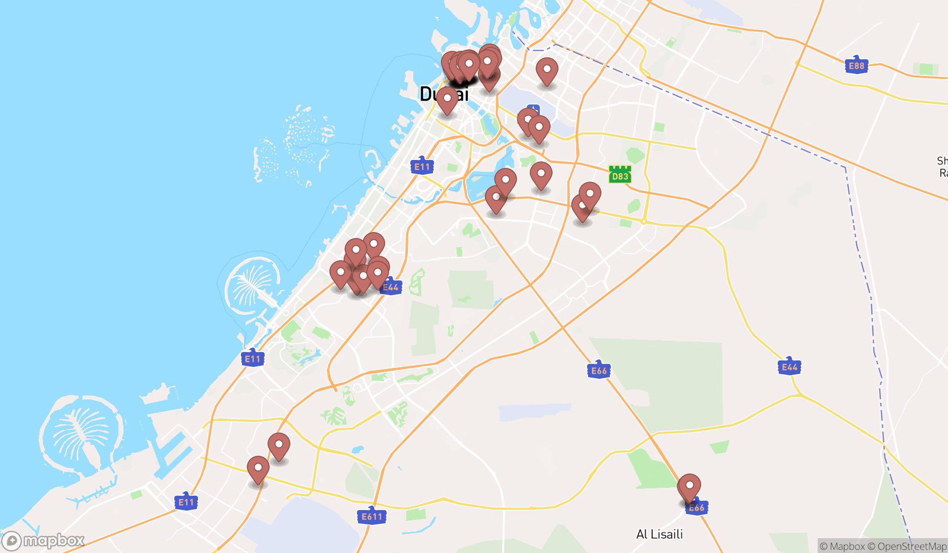 Map showing the search results in Dubai