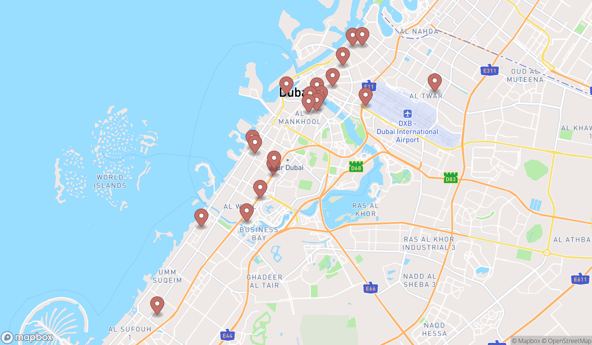 Map showing the search results in Dubai