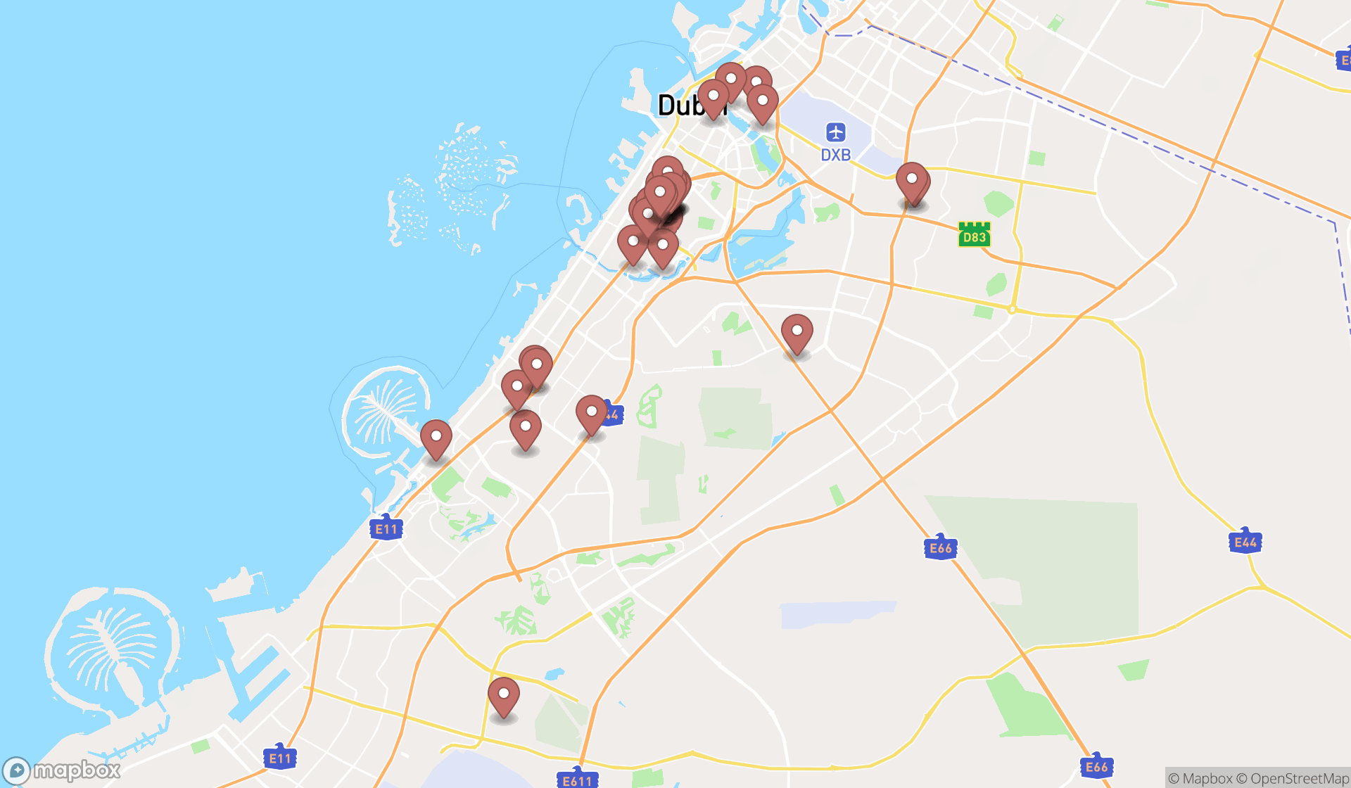 Map showing the search results in Dubai