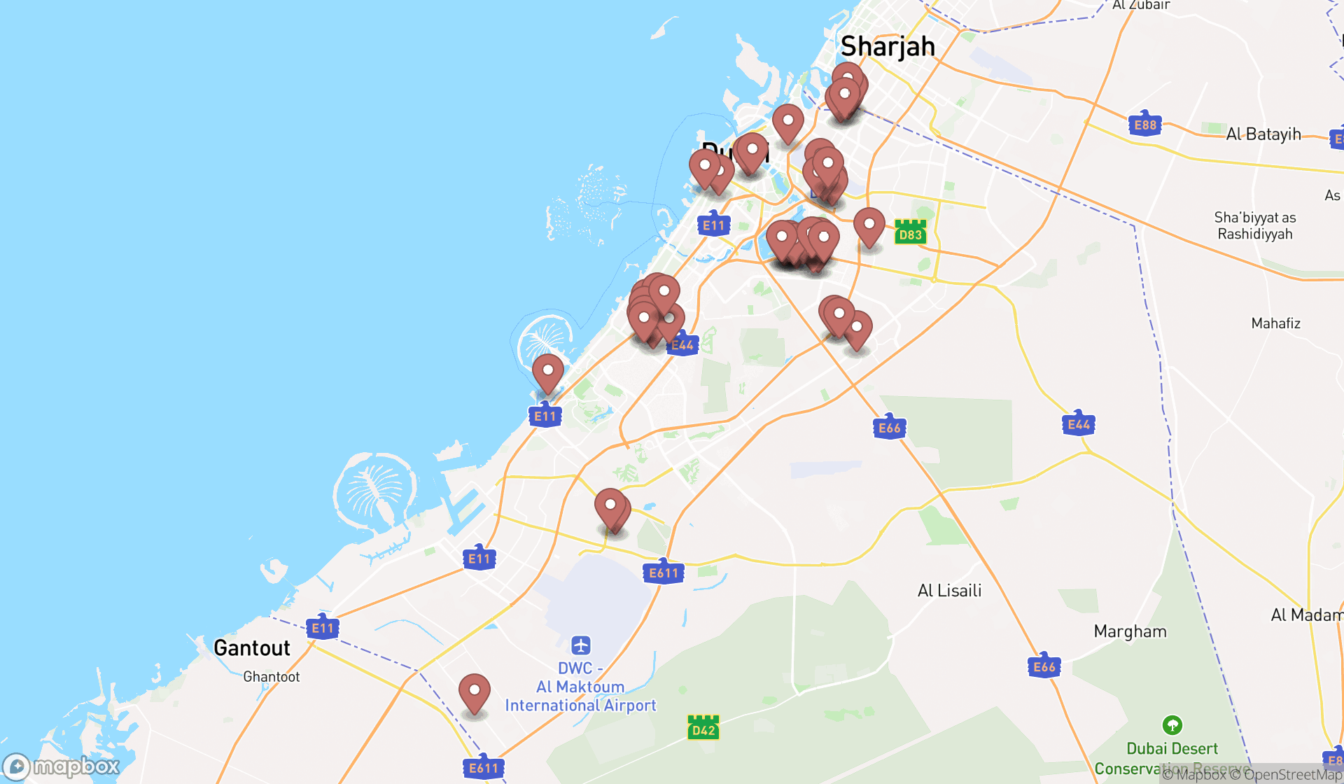 Map showing the search results in Dubai