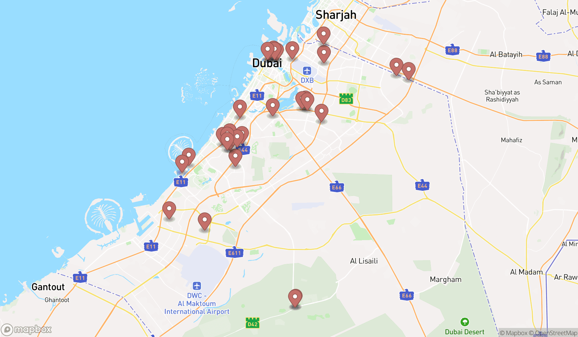 Map showing the search results in Dubai