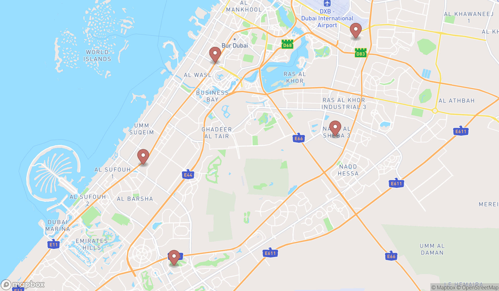 Map showing the search results in Dubai
