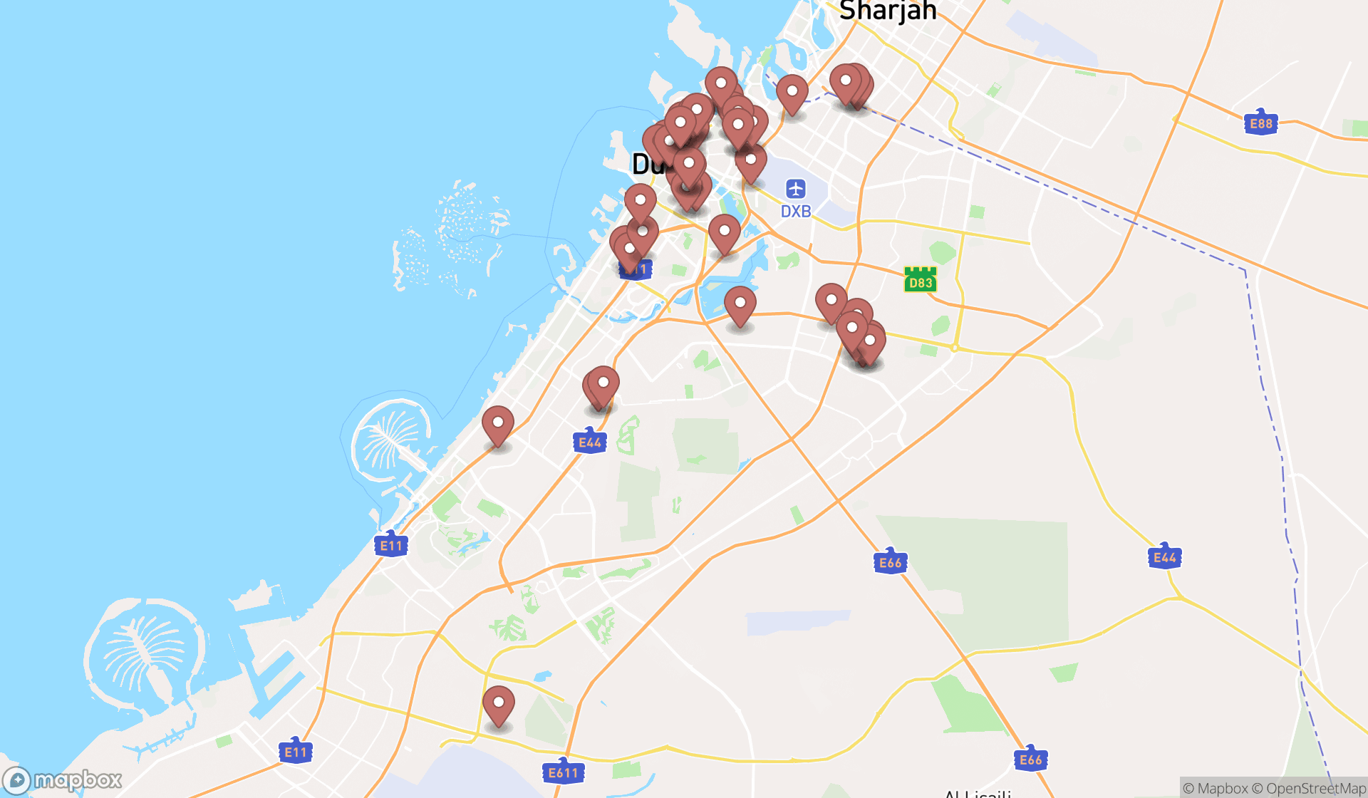 Map showing the search results in Dubai