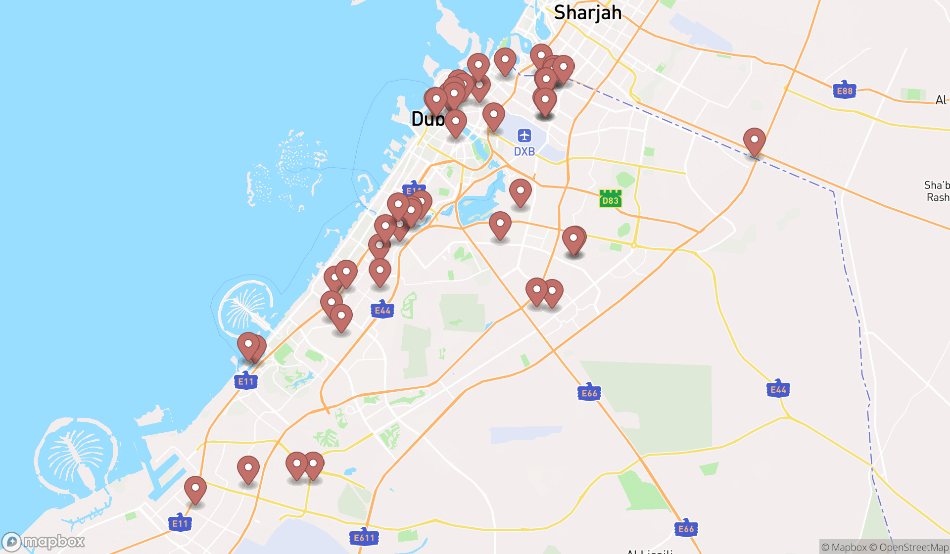 Map showing the search results in Dubai
