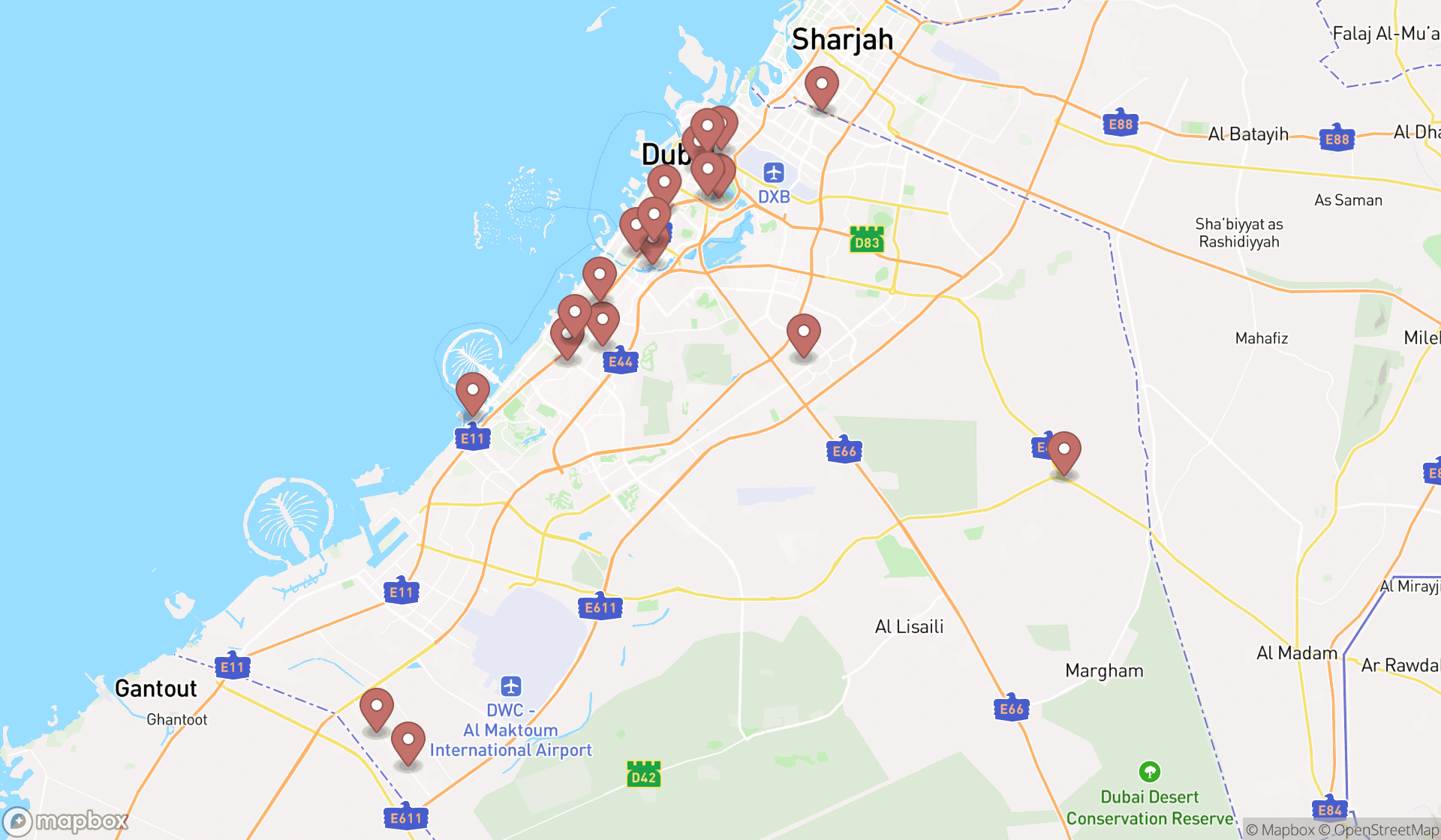 Map showing the search results in Dubai