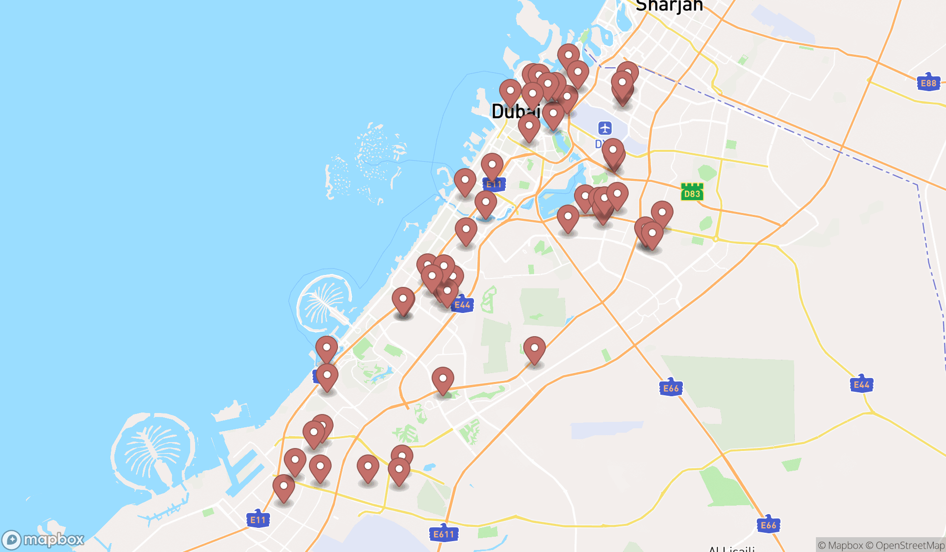 Map showing the search results in Dubai